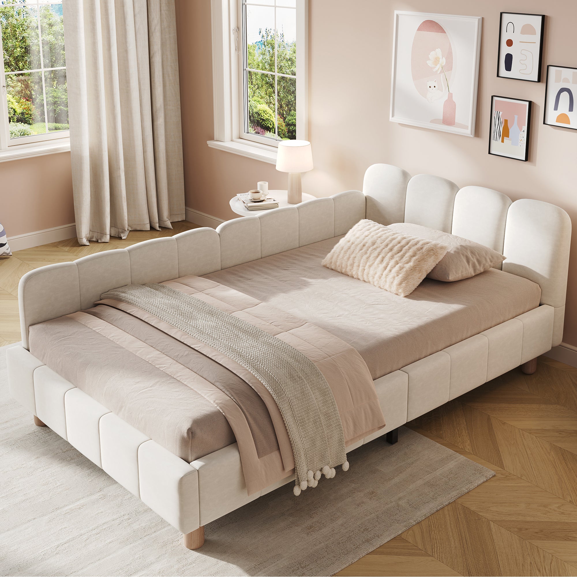 Łóżko tapicerowane 90 x 200 cm z zagłówkiem i barierką bezpieczeństwa – tkanina bouclé i nogi z litego drewna – beżowe - 2