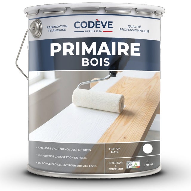 Primaire Bois - 5 L - Codeve Bois - RAL 9010 - Blanc pur - Pour Renforcer L'adhérence Sur Votre Bois Avant Une Finition.