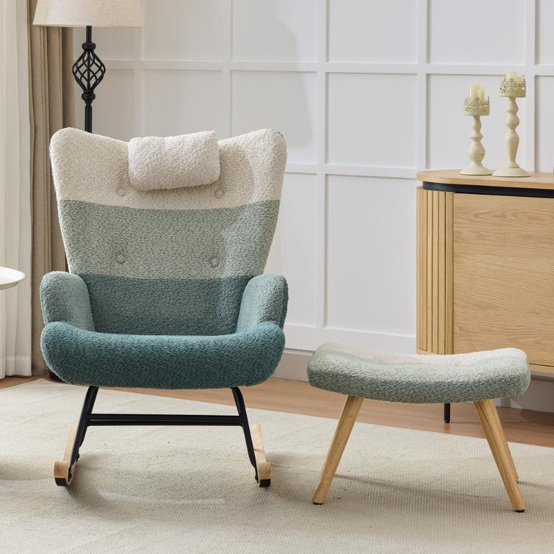 Ergonomiczny fotel bujany z drewnianymi gumowymi nóżkami, kieszenią boczną i stabilną konstrukcją do salonu i sypialni