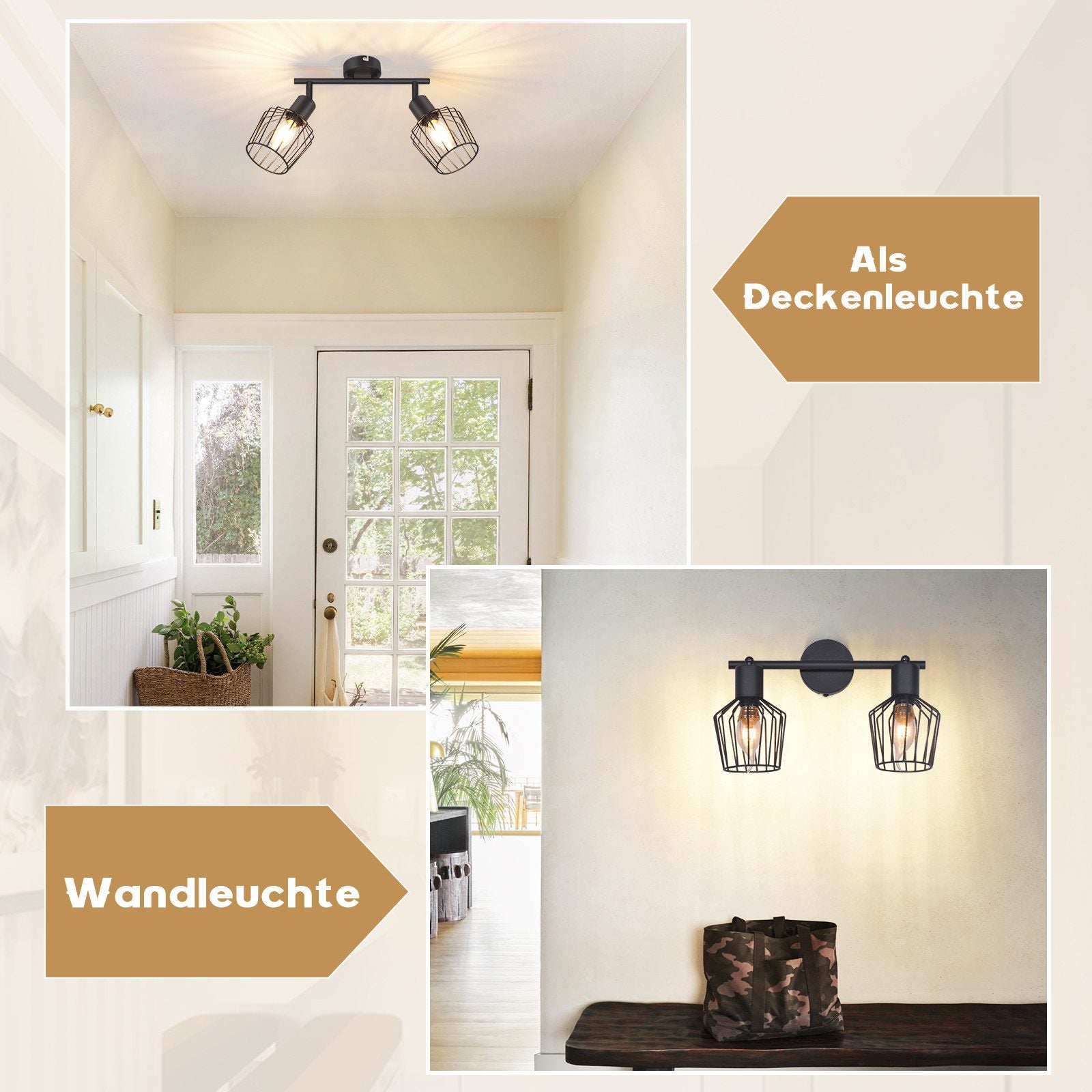 NETTLIFE Foco de Techo，2 luces E14 - Metal, Lámpara de Pasillo Industrial Giratoria 350°, Aplique de Pared para Pasillo y Sala de Estar, Negro - 7