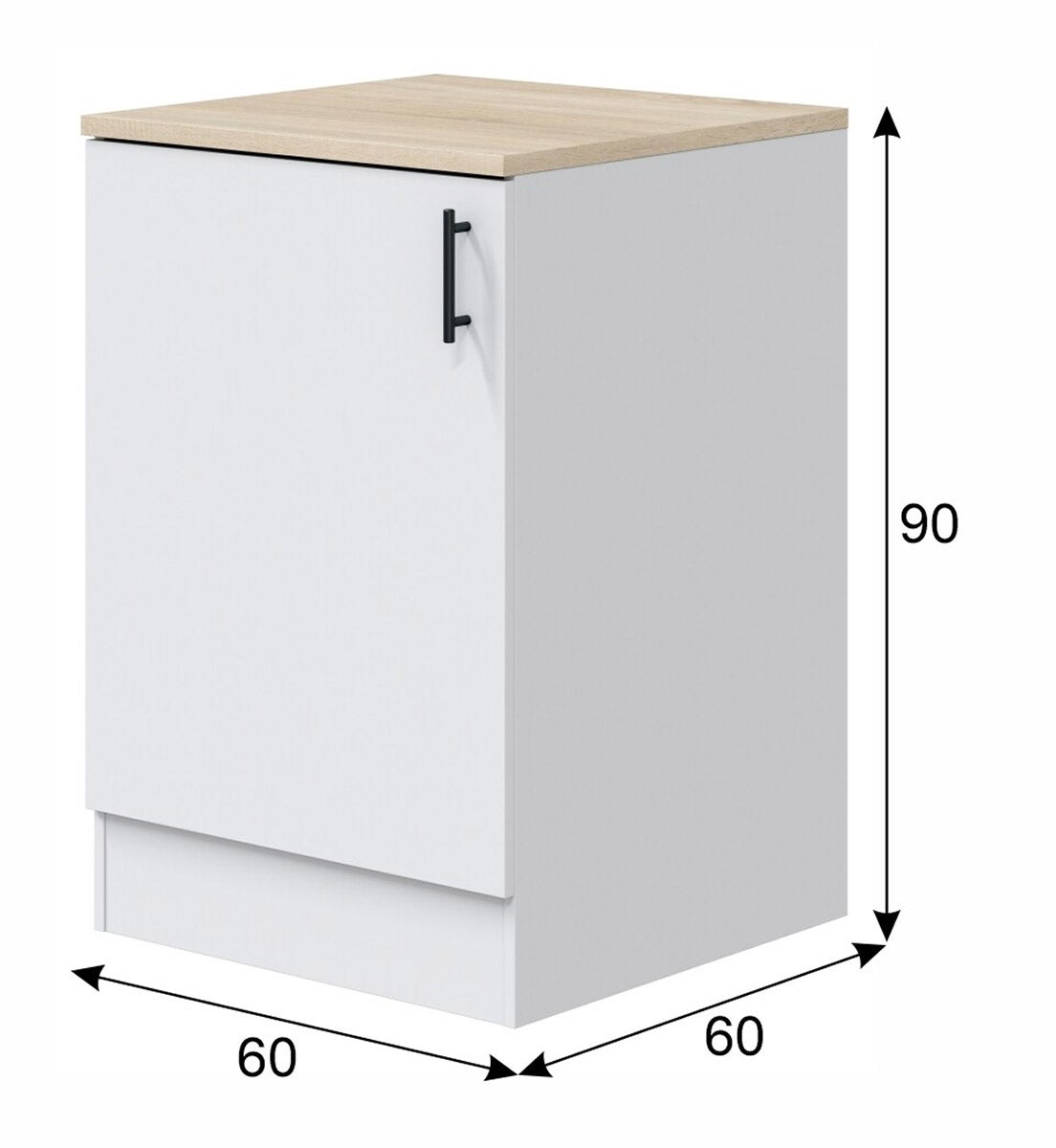 Meuble bas de cuisine avec plan de travail , 1 porte coloris blanc brillant /chêne canadien - hauteur 90 x longueur 60 x profondeur 60 cm - 3