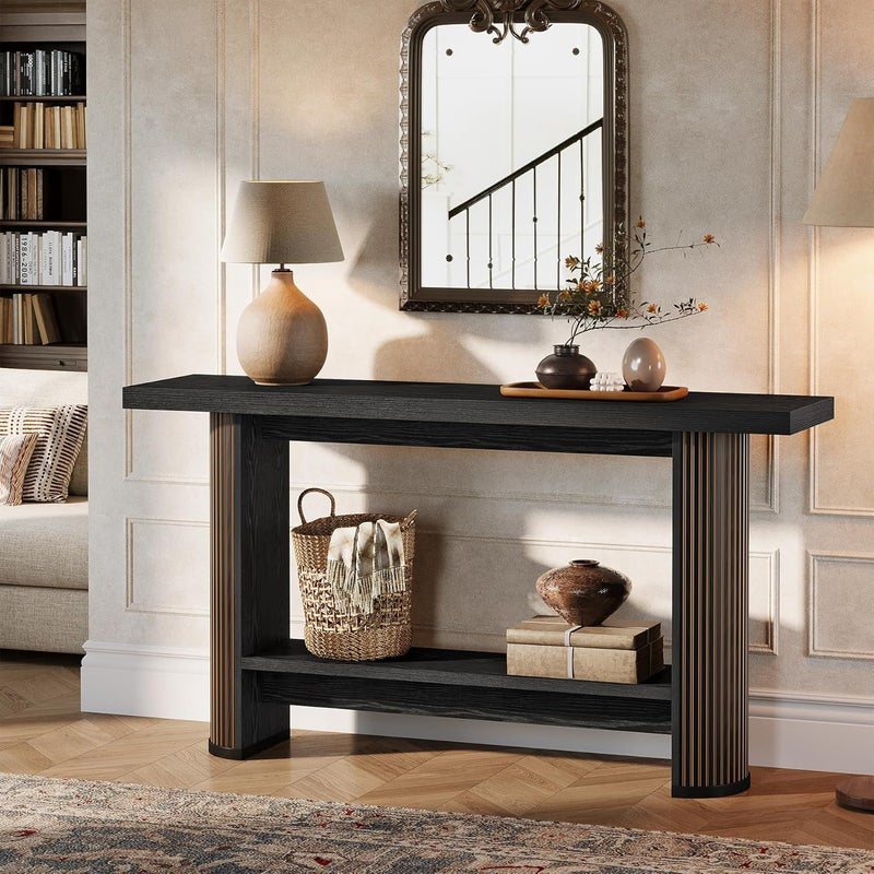 Nowoczesny stolik konsolowy Tribesigns, wąski stolik do przedpokoju/sofy z 2 półkami, 140 x 30 x 80 cm, czarny