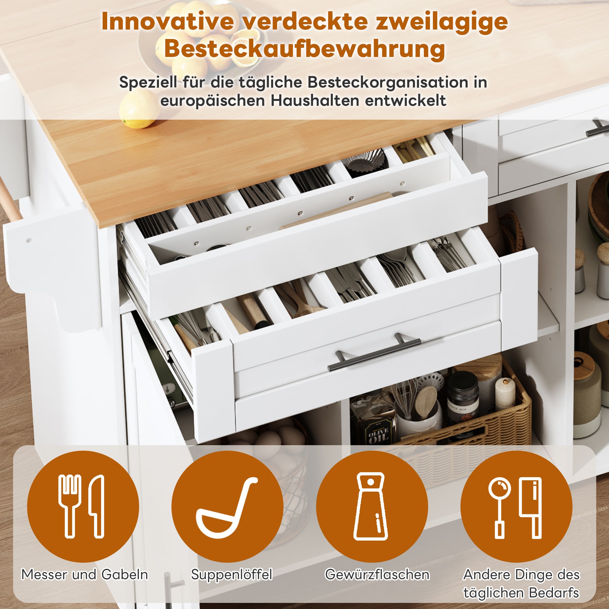 Ilot central de cuisine mobile 145 x 45 x 94,5 cm, Plateau extensible 70 cm,&nbsp;chariot multifonction avec 2 tiroir et 2 porte, porte-serviettes, Blanc - 5