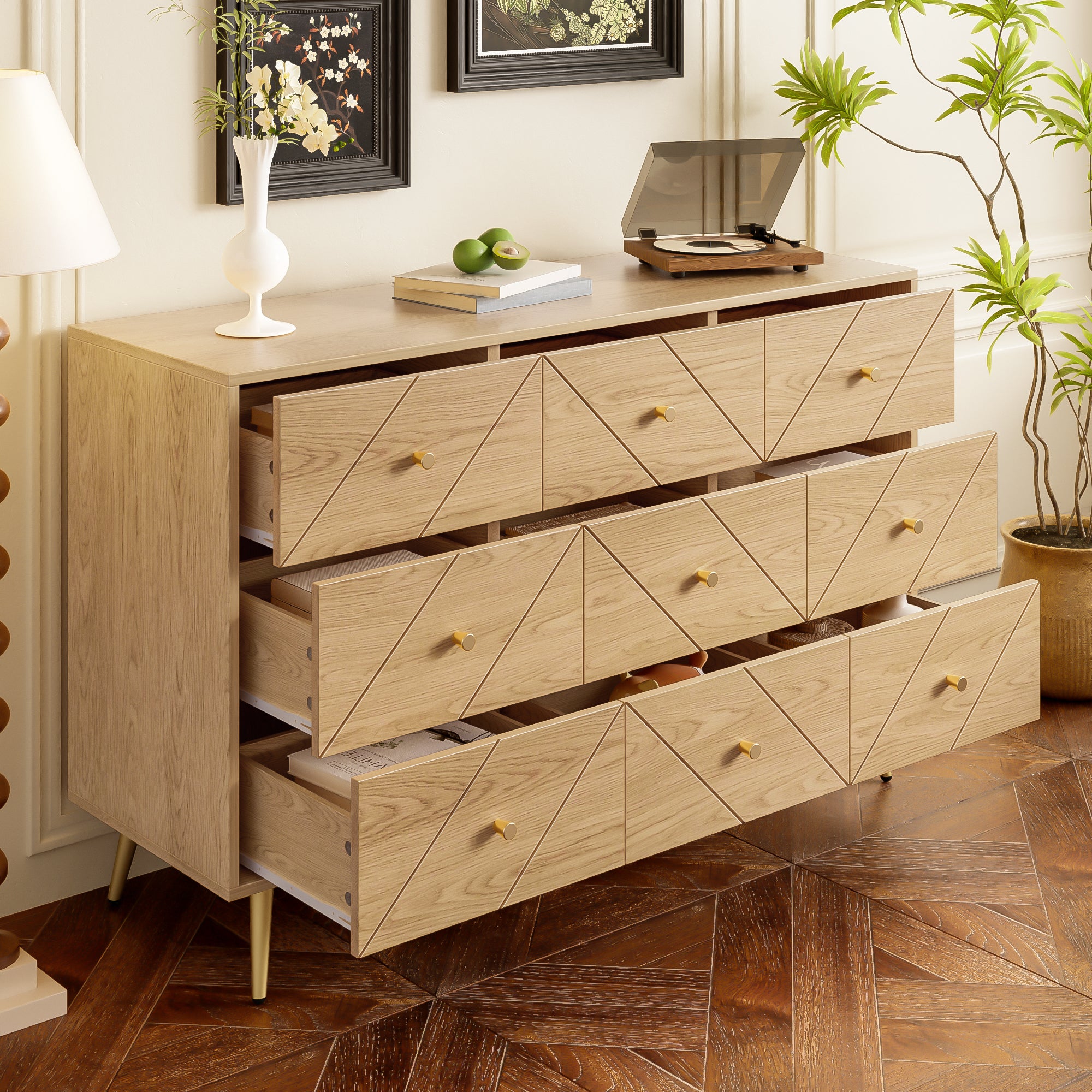 Cómoda moderna con 9 cajones - 120 x 39 x 80 cm - tablero de partículas y patas de hierro - Negro y natural - 8