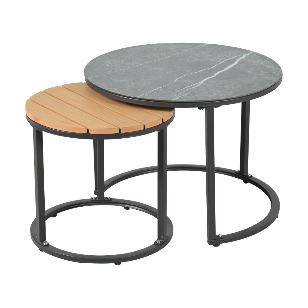 Set lounge de jardin 3+2 avec coussins confortables, 2 fauteuils, 2 tables, verre marbré et bois synthétique, acier galvanisé - 8