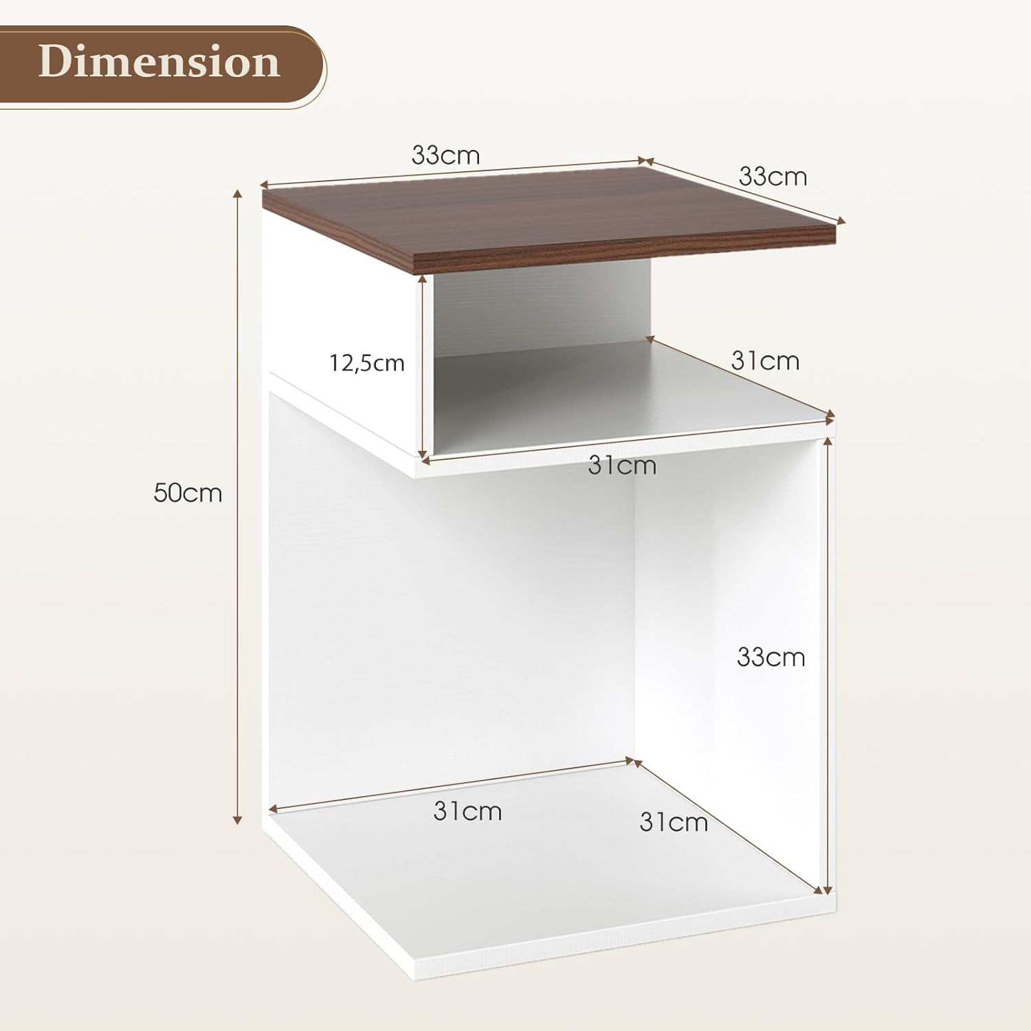 Table d'Appoint en Forme S, Bout de Canapé avec 2 Casiers Ouverts, 3 Étagères Design Géométrique Compacte, Blanc, pour Salon Chambre, Blanc+Noyer - 3