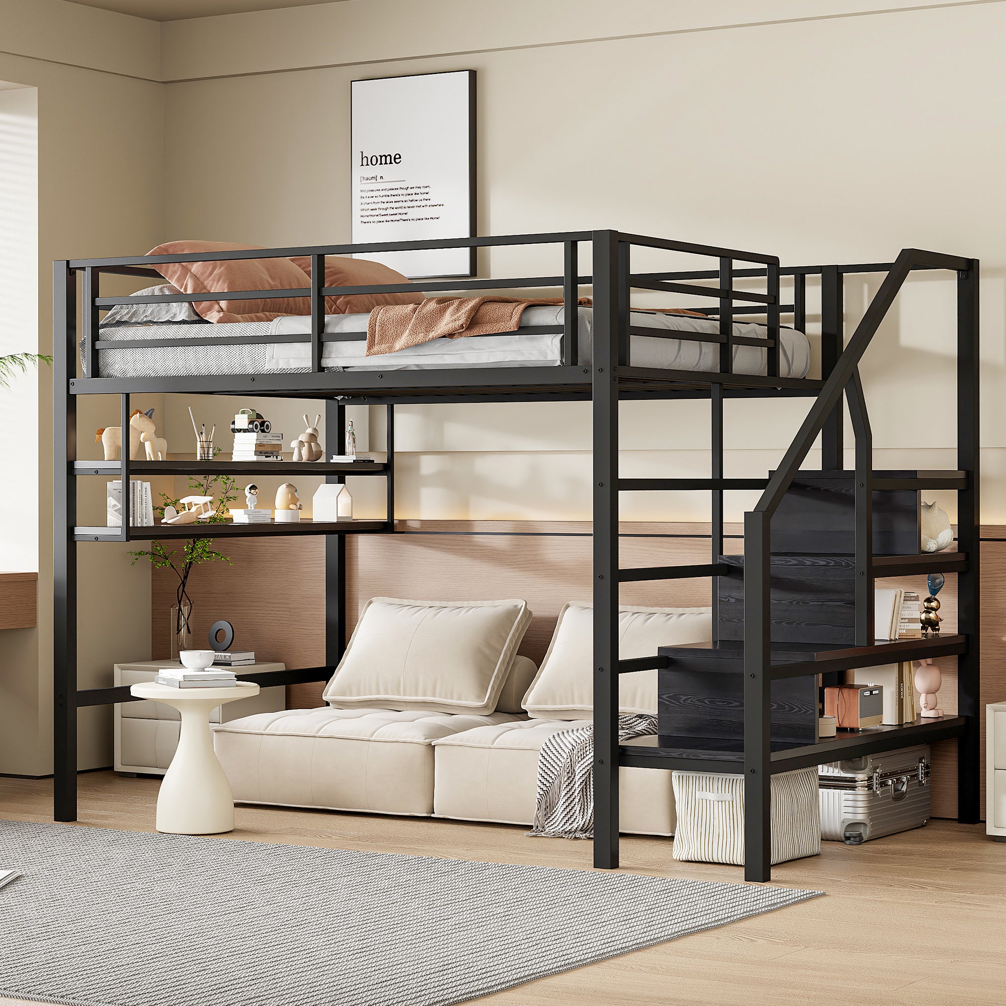 Merax  Cama Alta 140 X 200 Cm Con Baldas De Almacenaje Y Escalera, Metal, (Sin Colchón) Negro , Leroy Merlin