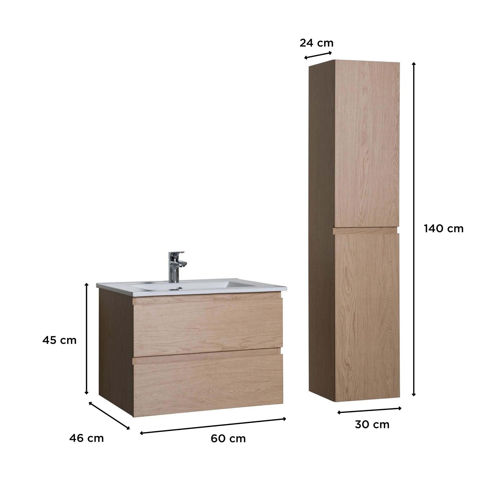 Ensemble meuble simple vasque 60cm avec vasque et colonne SORRENTO Décor chêne - 3