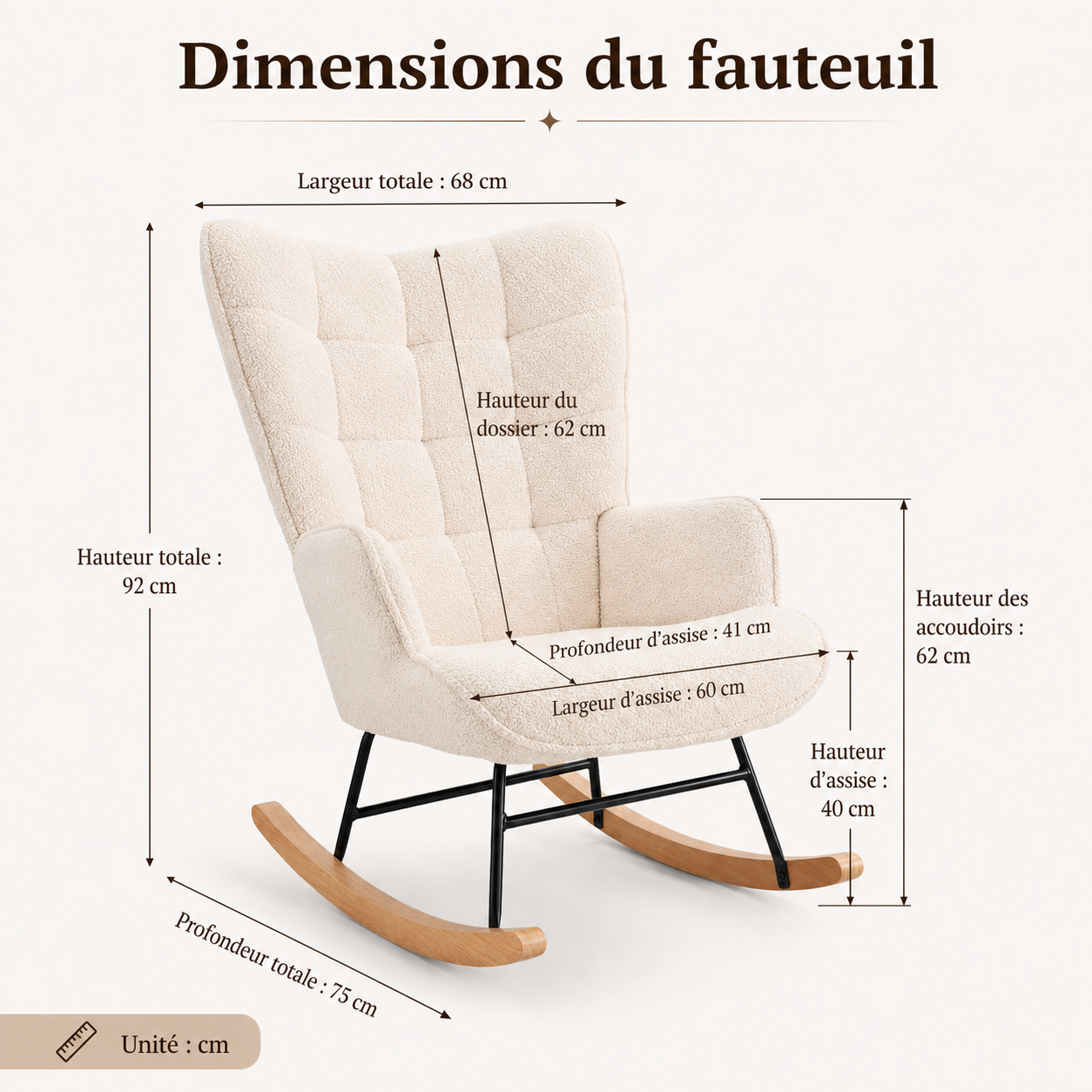 Fauteuil à Bascule, Rocking Chair, Revêtement Bouclette, Fauteuil Allaitement, Beige | Chaise à Bascule, Structure en Acier, Pieds en Bois Massif - 2