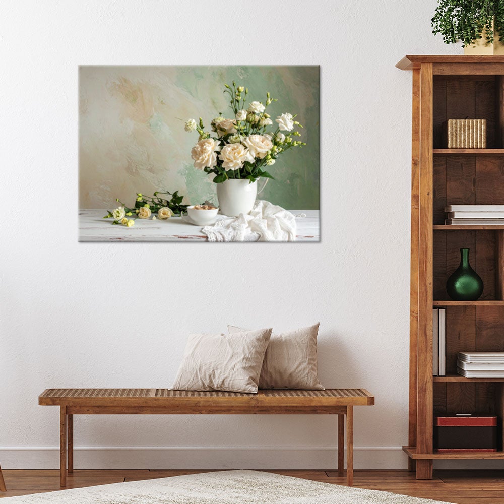 Obraz do salonu sypialni, Kwiaty w stylu shabby chic bukiet róż na pastelowym tle 90x60 - 2