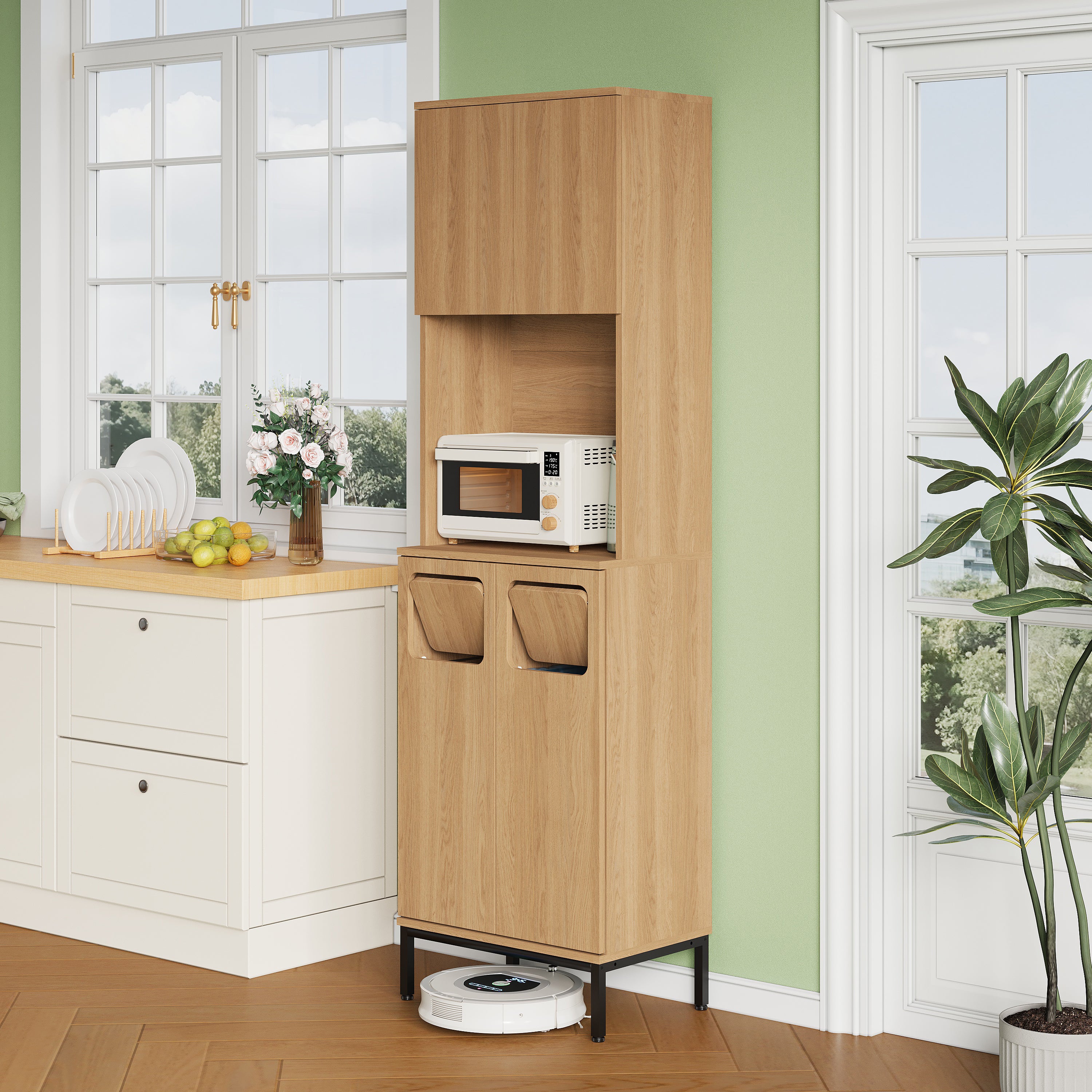 Mueble de cocina 53x35x181 cm, espacio para cubo de basura, nicho para microondas, mdf natural
