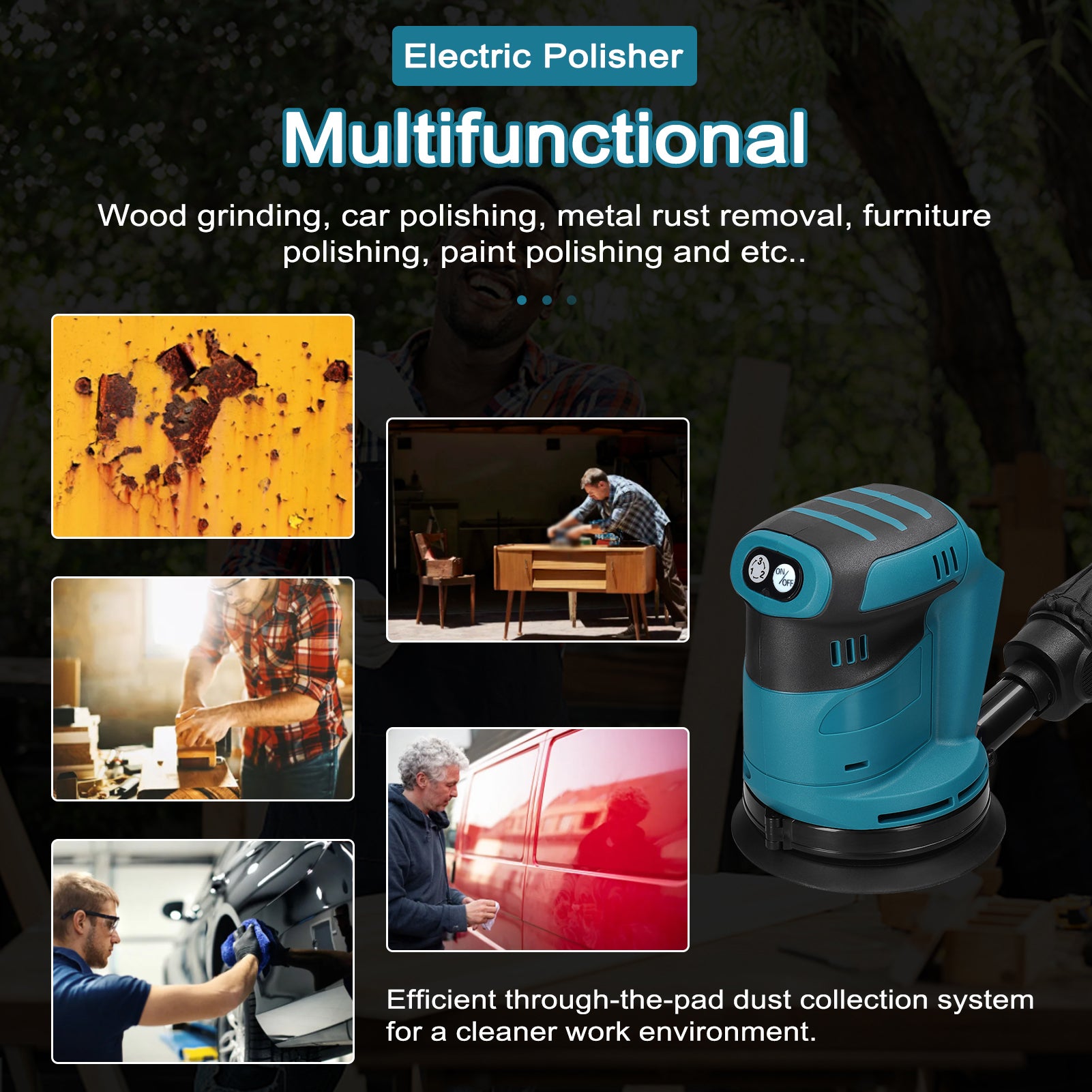 Levigatrice a batteria da 125 mm, levigatrice multifunzione, adatta per la lavorazione del legno e la lucidatura dei metalli dei veicoli elettrici - 2