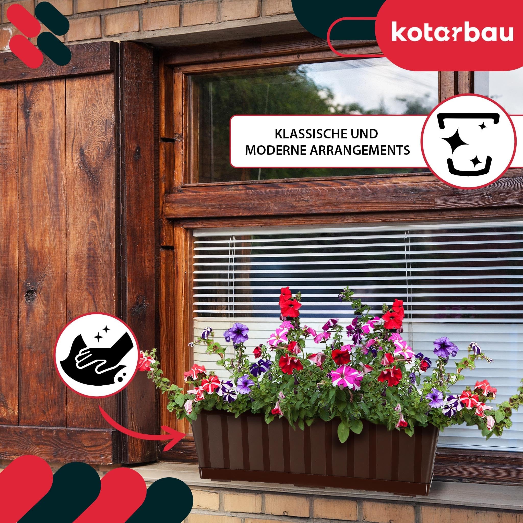 Doniczka - Skrzynka Balkonowa - 50 x 18 x 14 cm - Skrzynia na Balustradę Balkon - Donica z Podstawką - Brąz KOTARBAU - 4