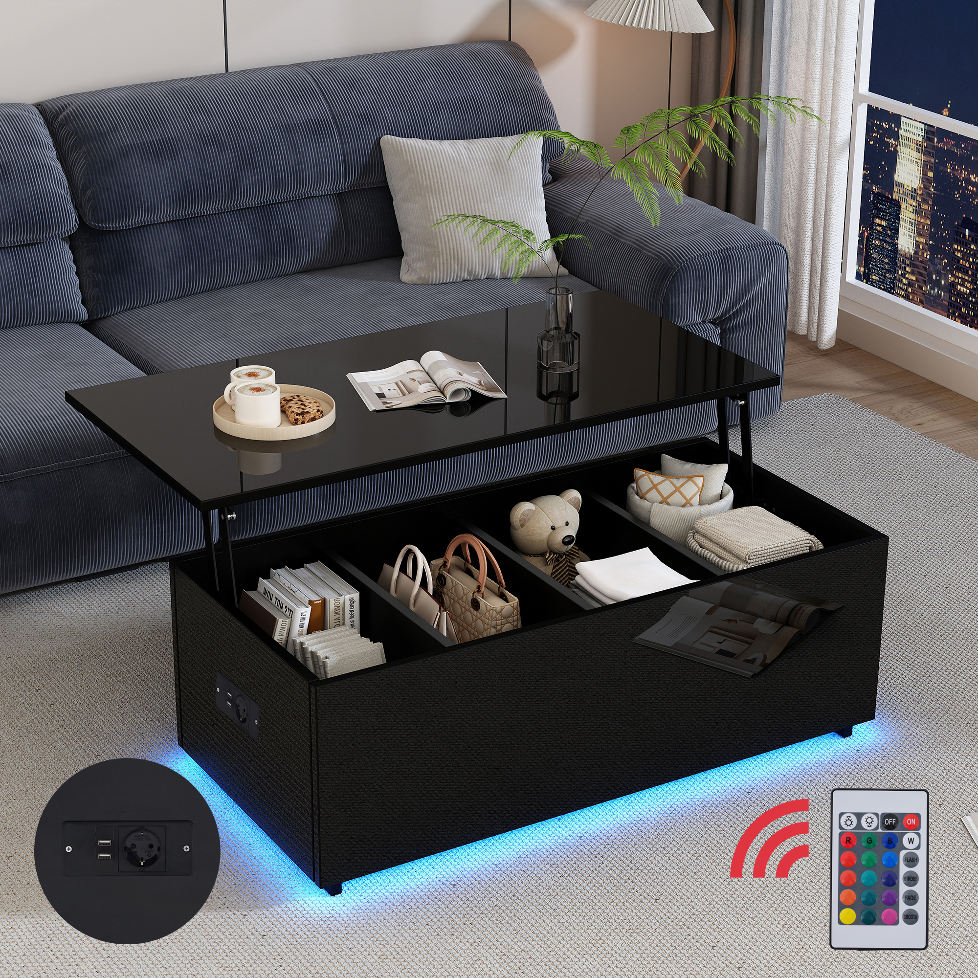 Wiuzo Tavolino idraulico regolabile in altezza, con illuminazione a LED, controllo APP Bluetooth, 2 cassetti e spazio aperto, 100 x 50 x 44 cm (nero
