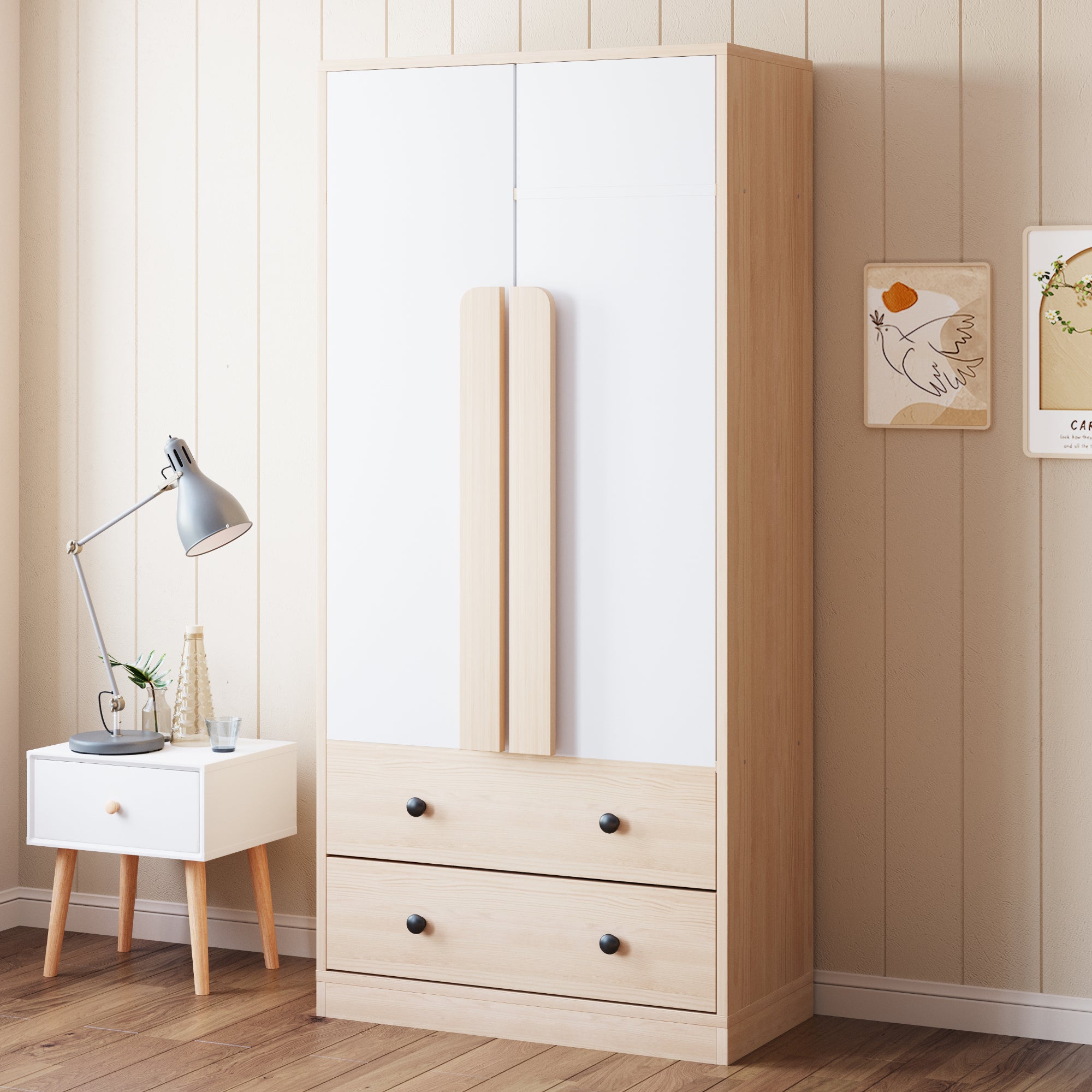 Armoire 2 portes 70 x 40 x 170 cm avec 2 tiroirs et grand rangement, bois naturel et blanc - 2