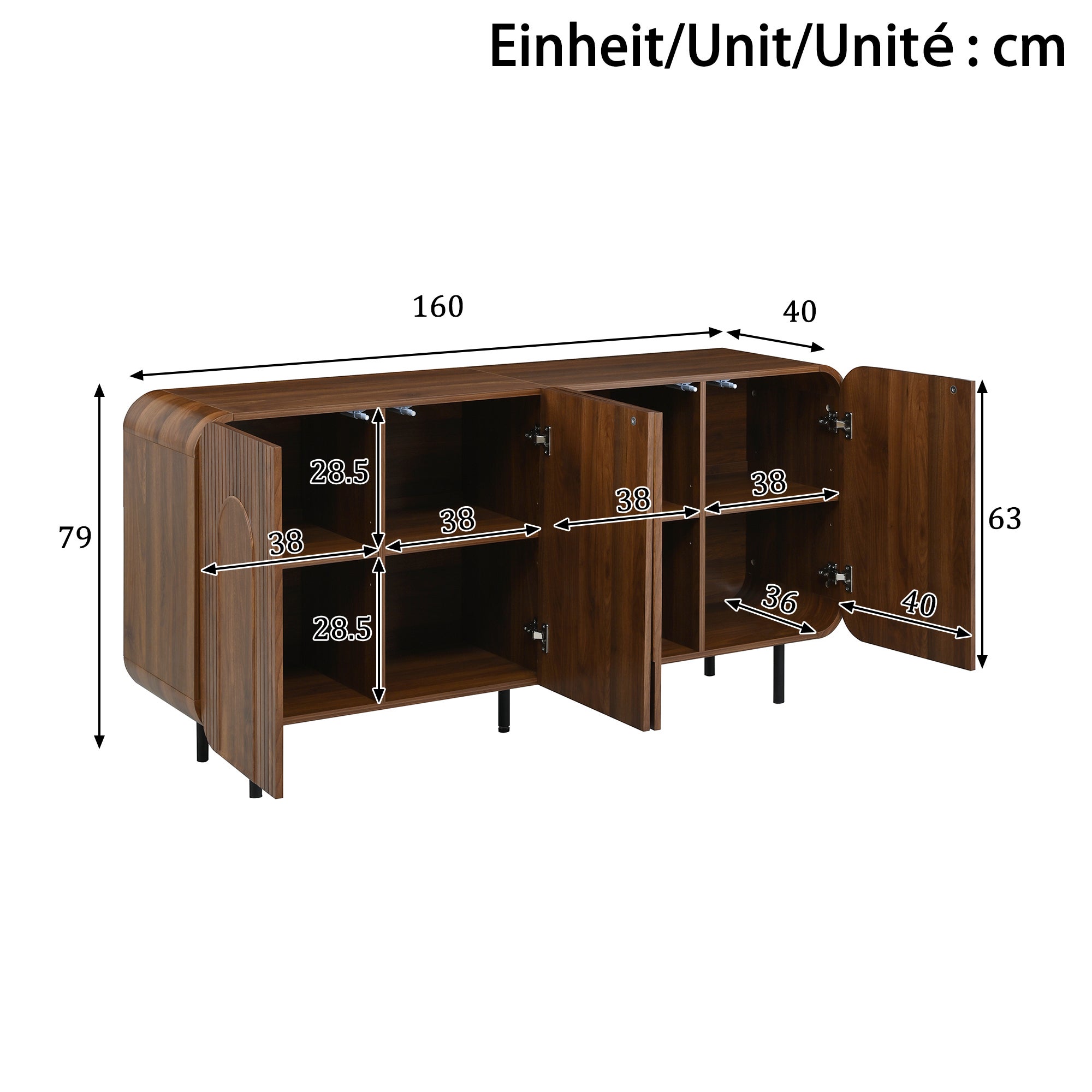 Buffet avec 4 portes et étagères réglables - 160 x 40 x 79 cm - MDF et panneaux de particules - Pieds en métal - Design mid-century - Noyer - 4