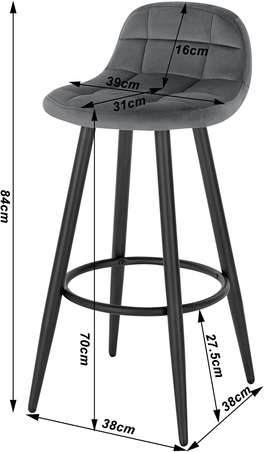 Lot de 2 Tabourets de Bar Modernes WOLTU, Chaise de Cuisine Haute en Velours et Métal, Hauteur d'Assise 70cm, Gris Foncé - 4