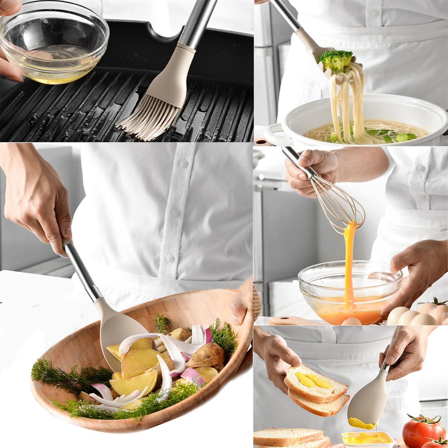 Set utensilios cocina 12 piezas silicona resistentes calor mangos ergonómicos antiadherentes beige - 9