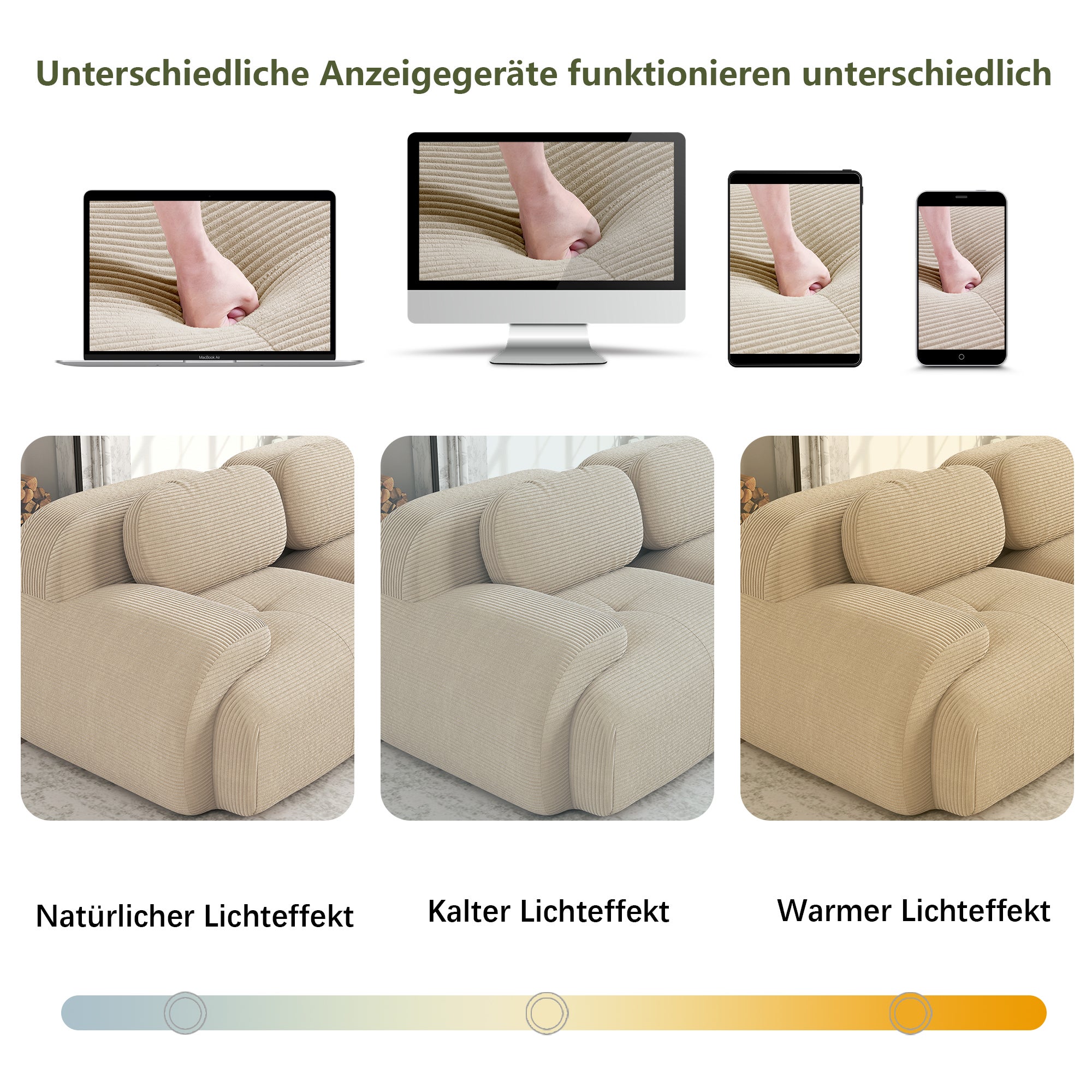 Canapé modulable avec 3 tabourets,&nbsp;Canapé 3 places en velours côtelé, accoudoirs ultra larges, Canapé d'Angle rembourrage 32D, Canapé compact beige - 7