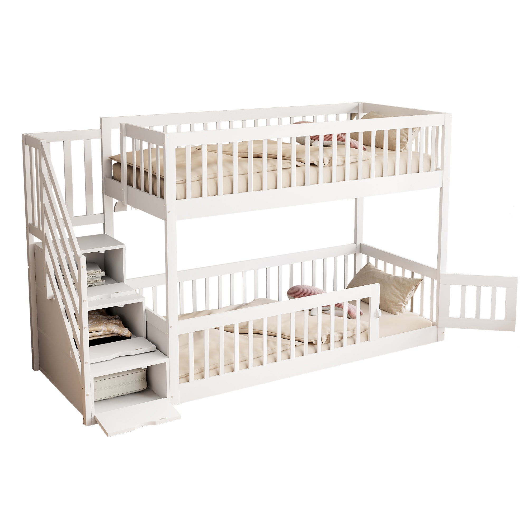 Lit superposé 90x200cm - avec escalier de sécurité - avec 3 tiroirs - Blanc (matelas non inclus) - 3
