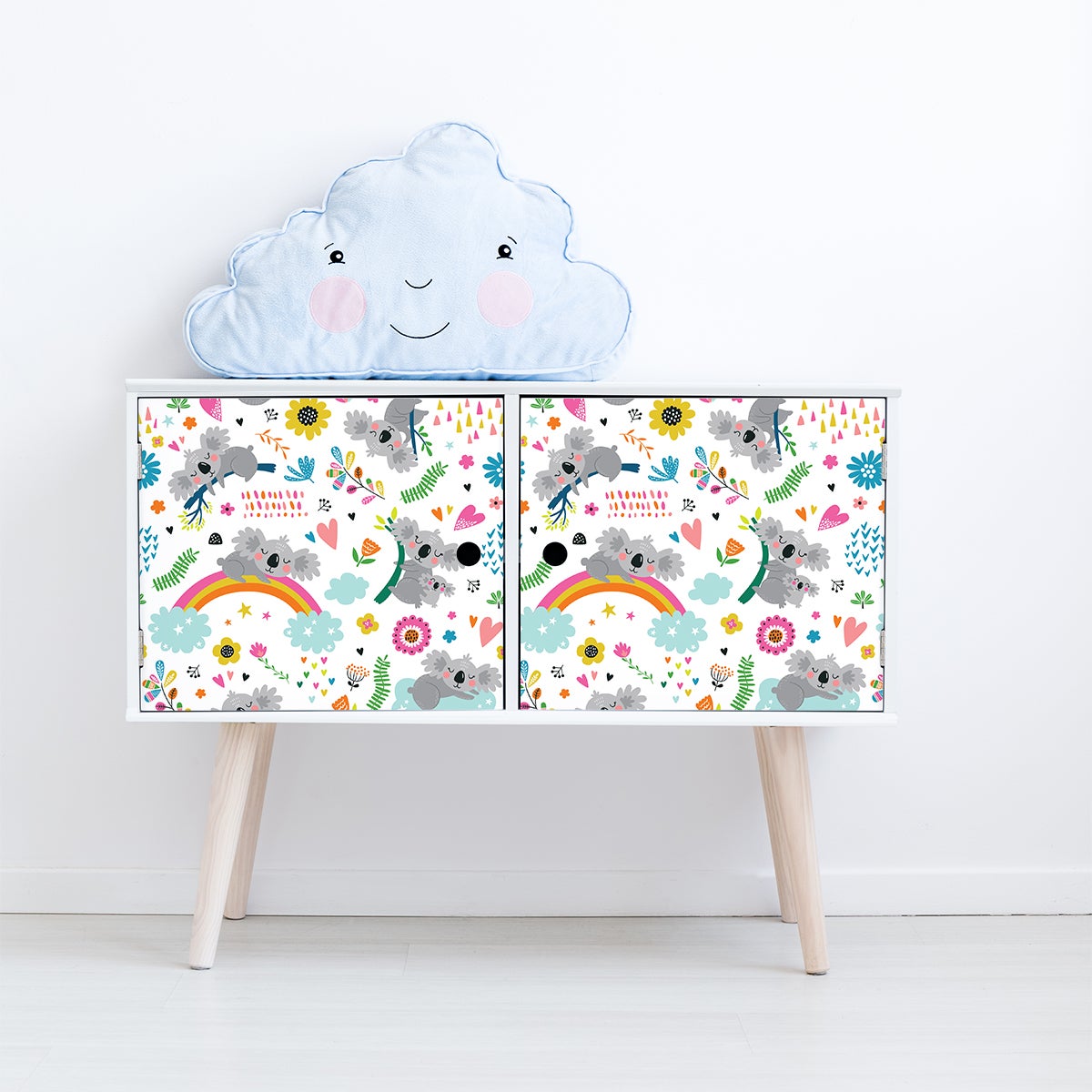 Pegatina muebles para niños koalas en una cama de arco iris - adhesivo pared - sticker revestimiento - 60x90cm
