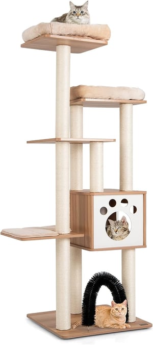 Tiragraffi Per Gatti 2 In 1 In Legno: Sisal Resistente E Gioco Appeso Per Felini
