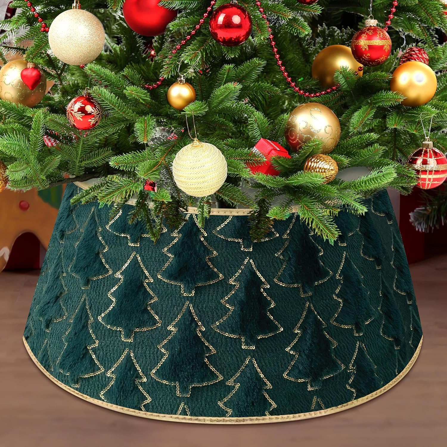 yuboo Jupe de sapin de Noël grise de 91,4 cm en fausse fourrure avec flocons de neige brodés pour décorations de fête de Noël