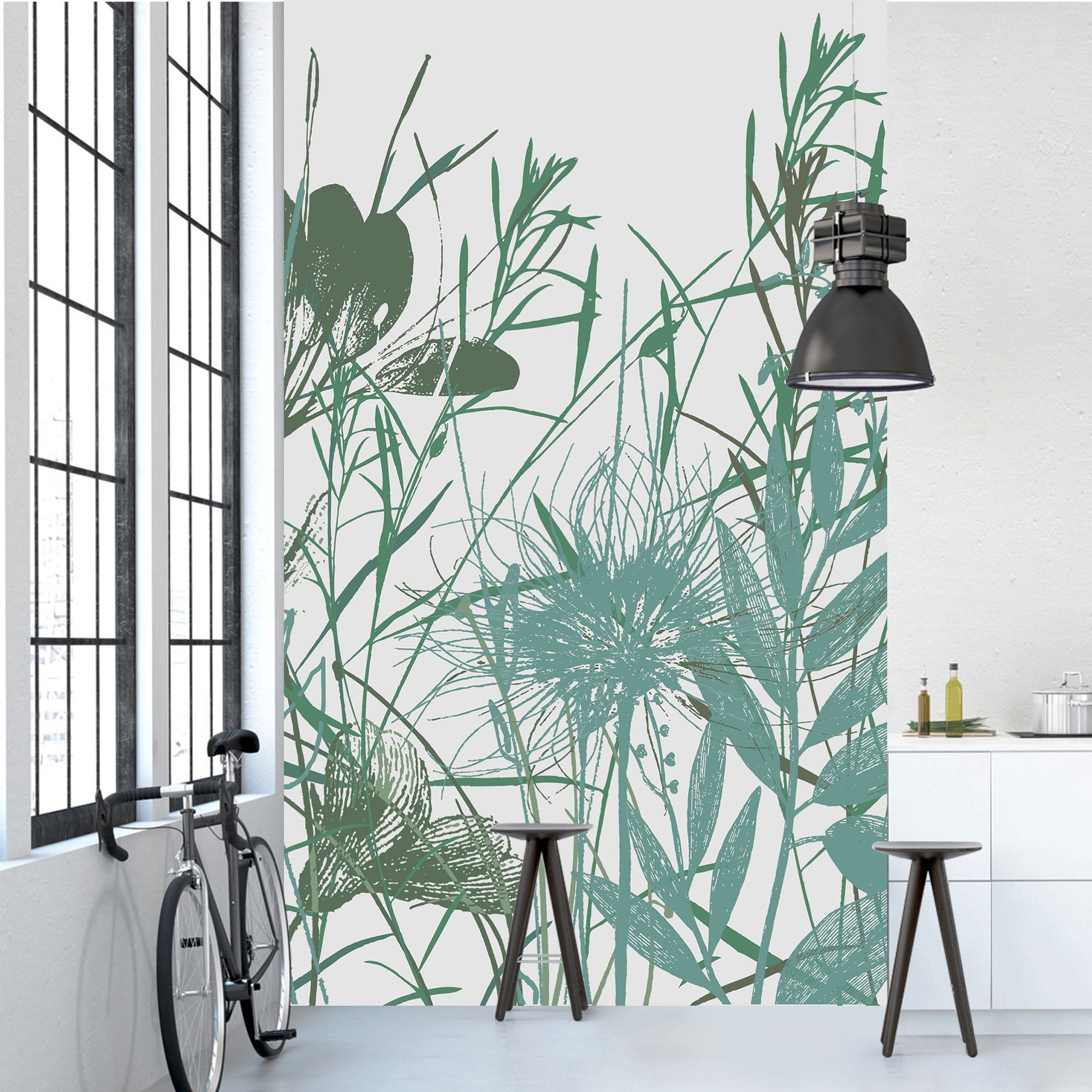 Papier peint panoramique intissé, illustration champêtre, dans un mélange de verdure et de fleur, couleur dominante de vert, 250 cm X 150 cm - 3