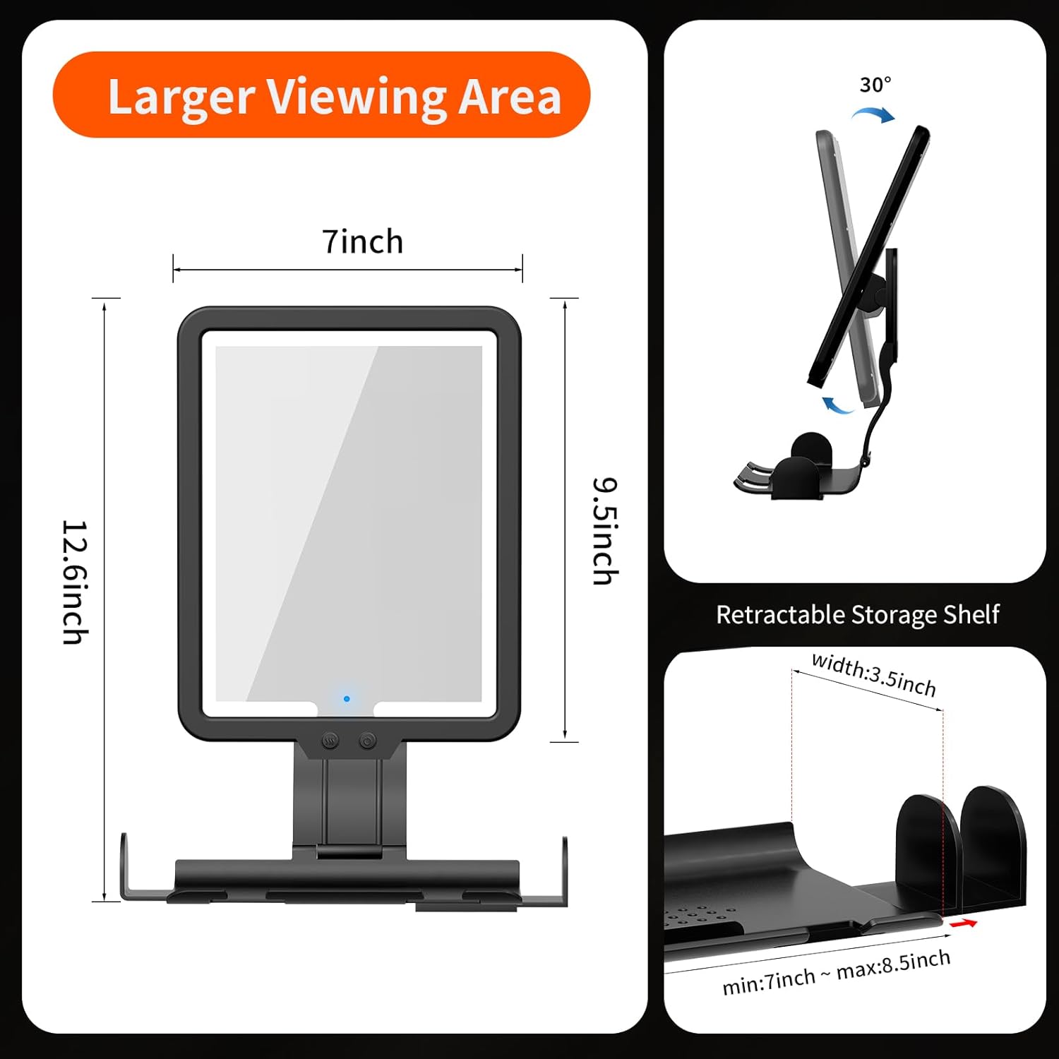 Lustro prysznicowe z powłoką antyparową i oświetleniem, ładowalne, 3 tryby kolorów, ze schowkiem, czarne 32×17,5 cm - 5
