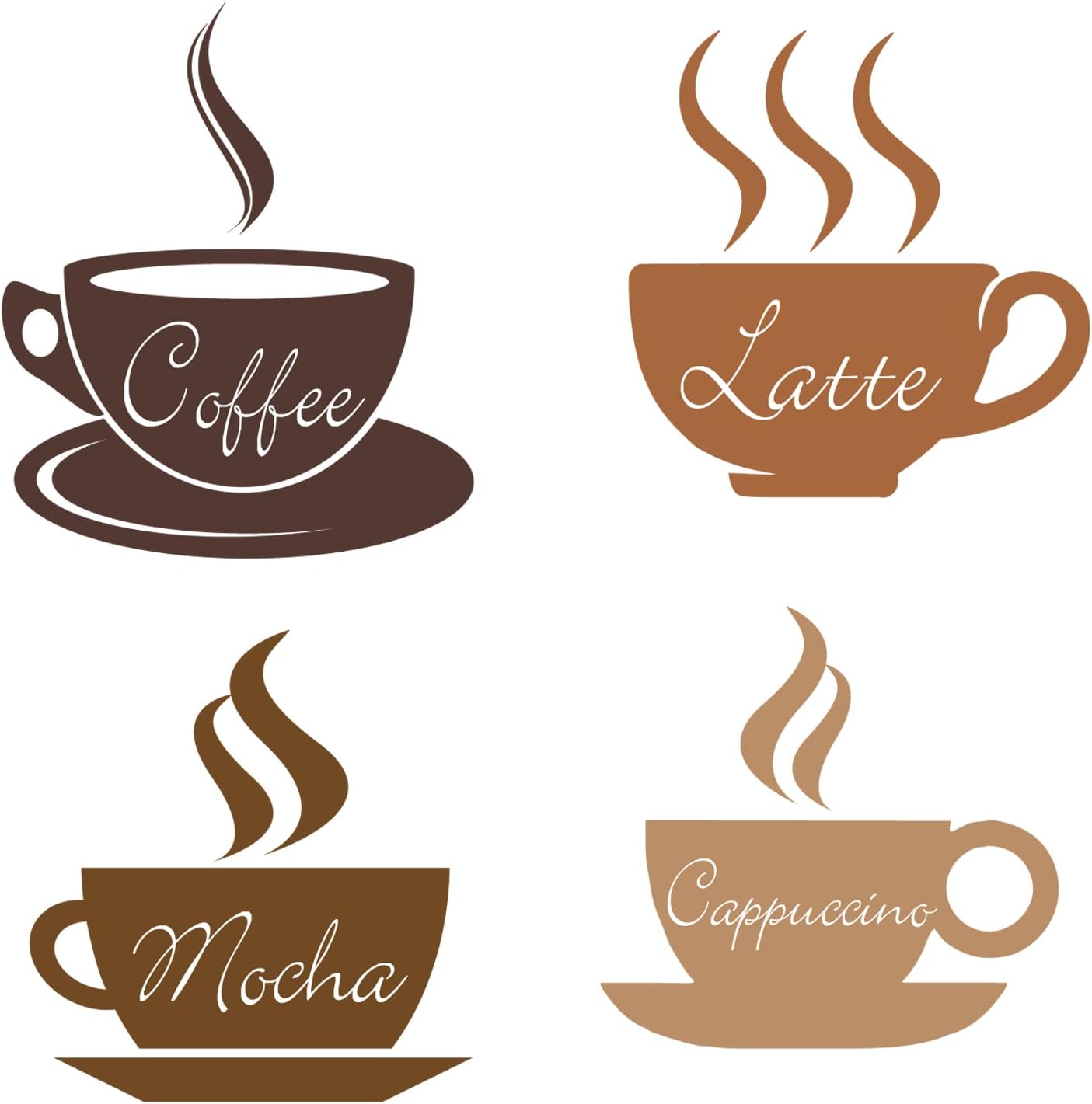 1 zestaw 4 naklejek ściennych z motywem kawy, latte, mokki i cappuccino w kolorze brązowym, odklejane i przyklejane, usuwalne naklejki ścienne z winyl