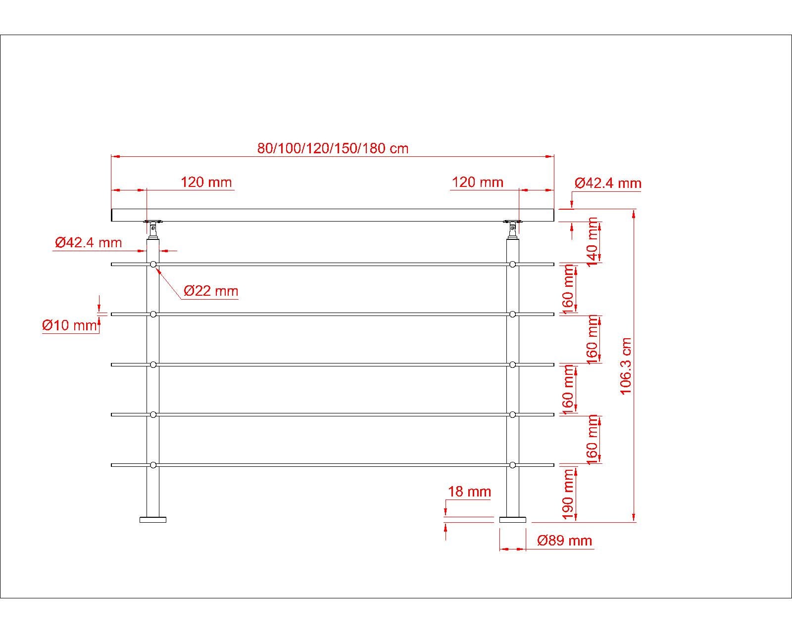 Garde-corps avec main courante, 100cm, en acier inoxydable 304, garde-corps avec 5 traverses, pour intérieur et extérieur - 6