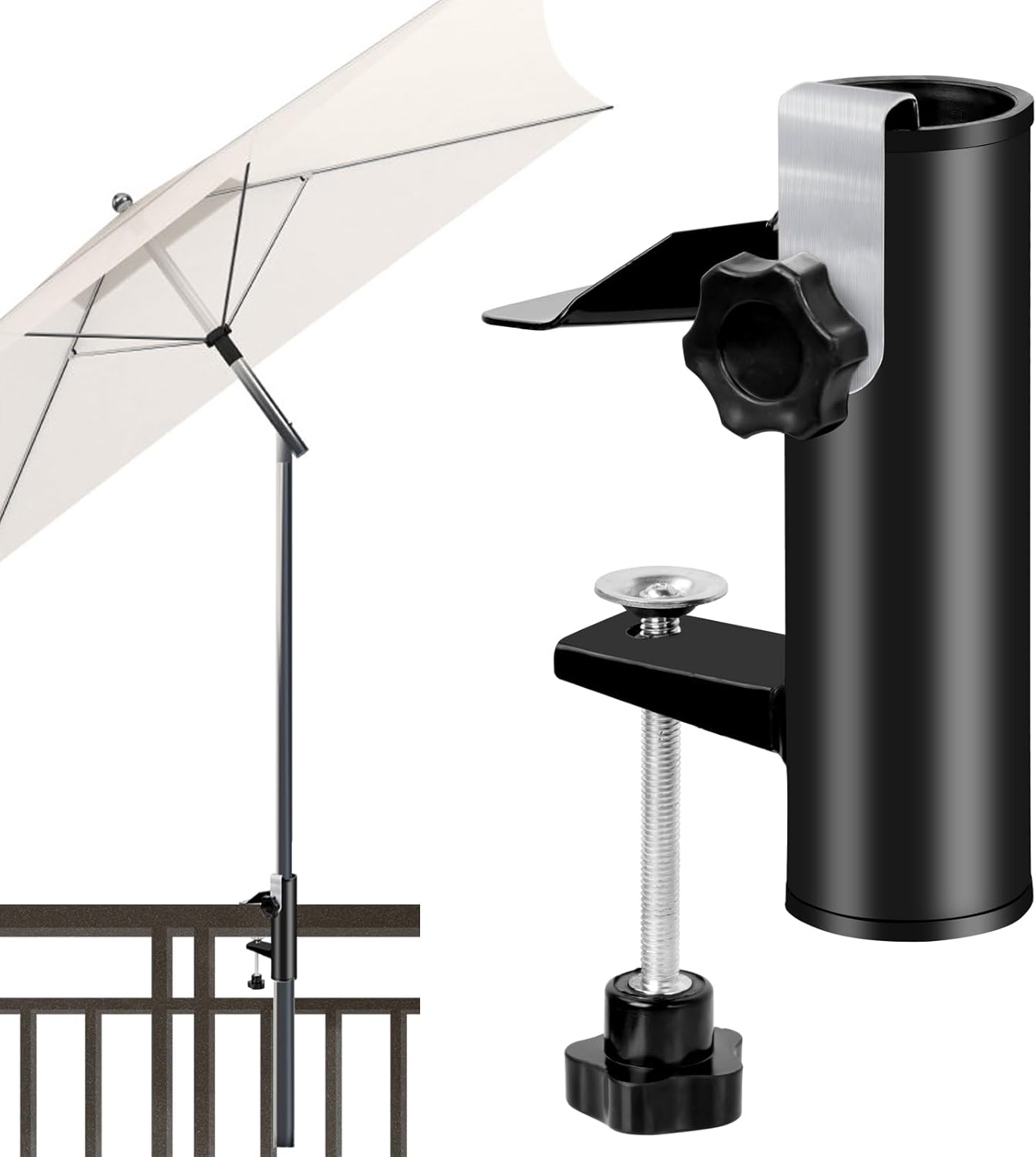 Uchwyt na parasol balkonowy, uchwyt na parasol balkonowy, stojak na parasole z uniwersalnym klipsem mocującym na balkon