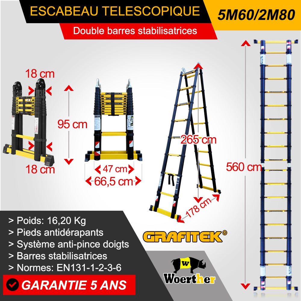 Echelle Scabeau Télescopique Woerther 5m60-2m80 Avec Double Barres Stabilisatrice avec Plateforme porte outils et peinture - 5