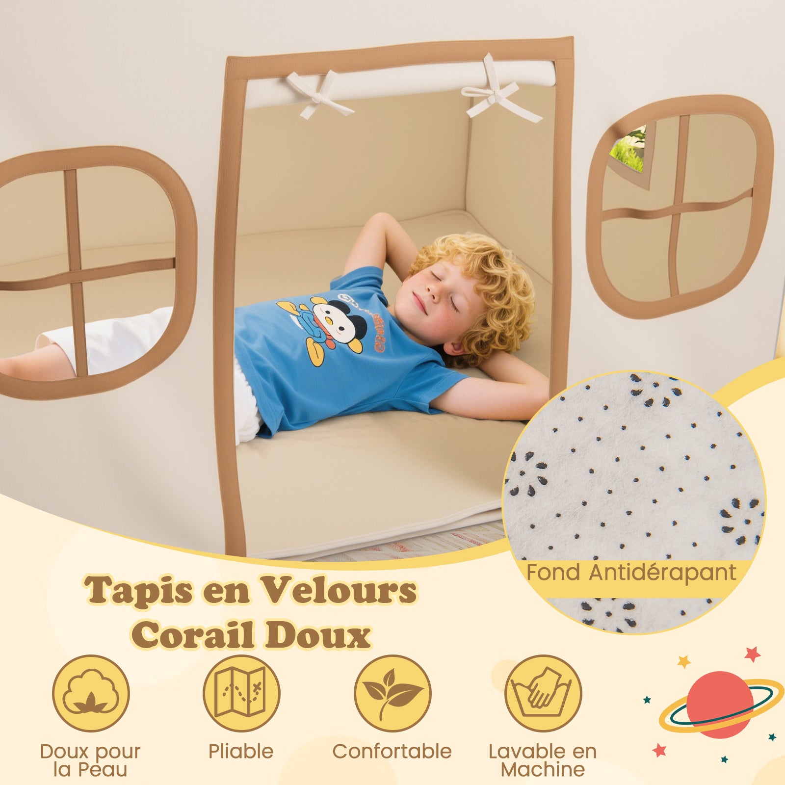 Tente de Jeux Enfant avec 4 Fenêtres et Guirlandes Lumineuses Étoiles, Cabane Enfant Interieure avec Tapis Antidérapant, pour 3-10 Ans, Gris + Beige - 5