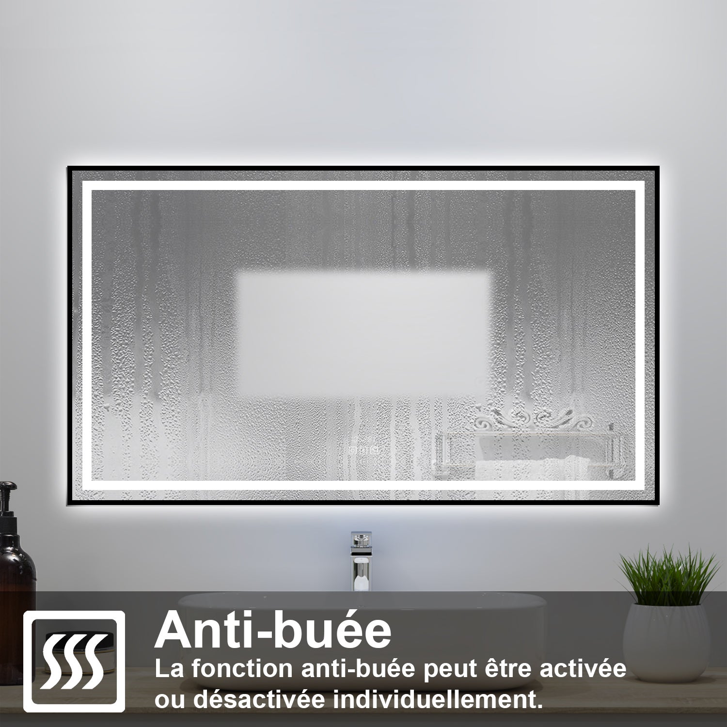 Miroir lumineux de salle de bain avec Bluetooth 120x80cm, Horloge + 3 Couleurs + Dimmable + Anti-Buée, Noir Cadre Non-Métallique - 5
