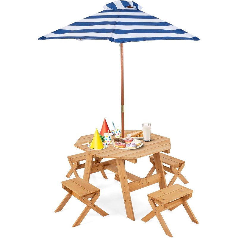 Stół Piknikowy dla Dzieci z 4 Stołkami i Zdejmowanym Parasolem, 1 Stół i 4 Krzesła Ogrodowe z Drewna dla Dzieci Powyżej 3 Lat (Naturalny)