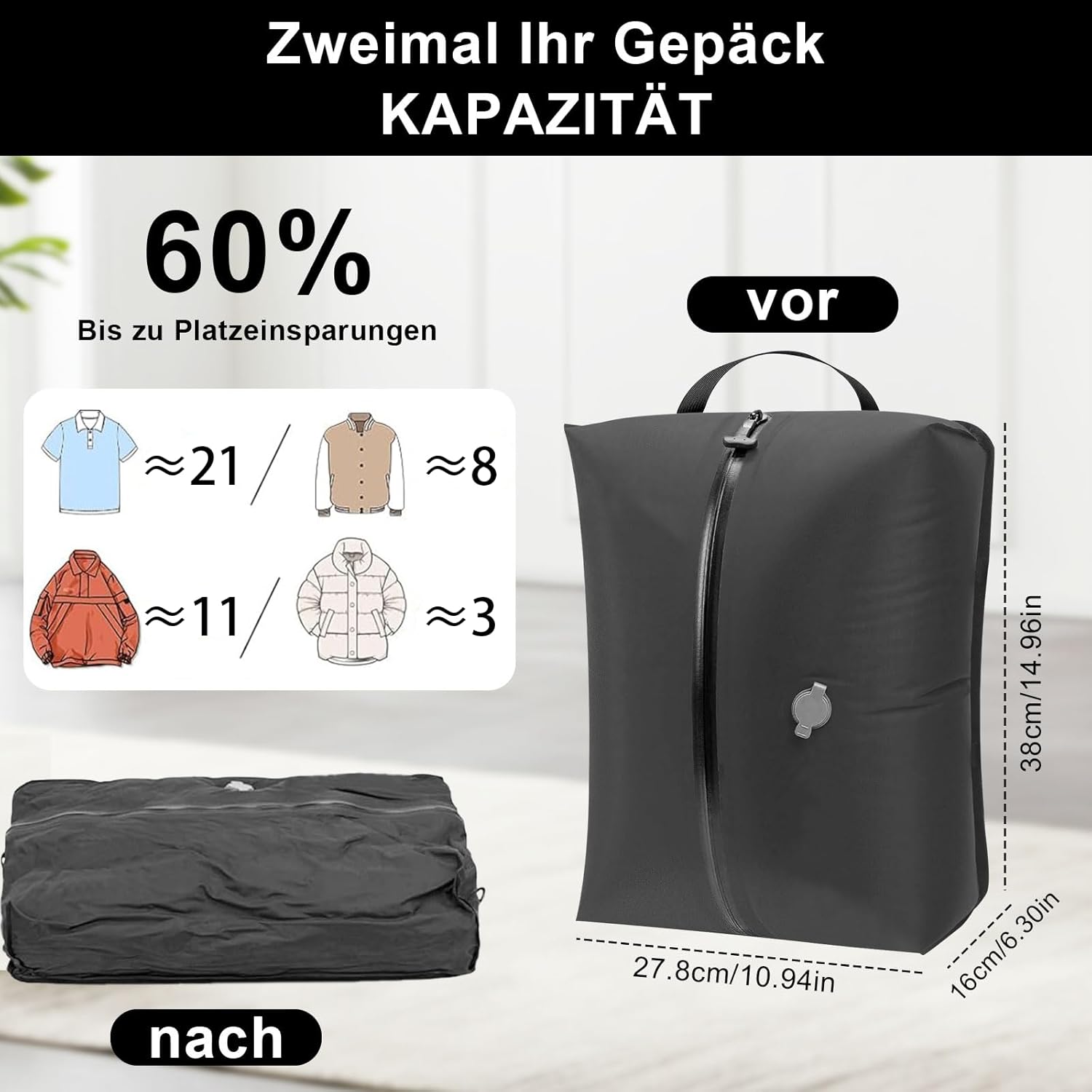 Sac sous vide pour vêtements de voyage, matériau TPU très flexible, sac de compression de voyage,38 x 27,8 x 16 cm, convient pour sac à dos de valise - 5