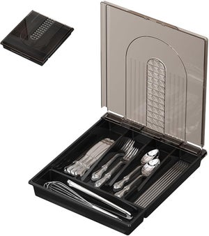 YICOCHI Portautensili per piano di lavoro con coperchio, vassoio per posate in plastica per cassetto, organizer per posate a 5 scomparti, grigio
