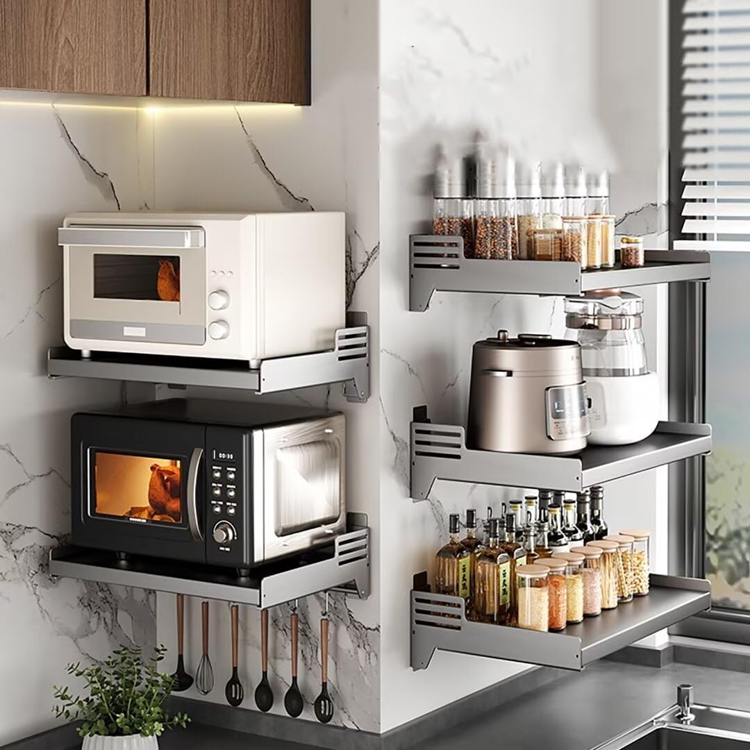 Étagère murale pour micro-ondes - En acier au carbone - Avec 6 supports - Montage adhésif ou perçage - 55 x 37 x 11,5 cm - 6