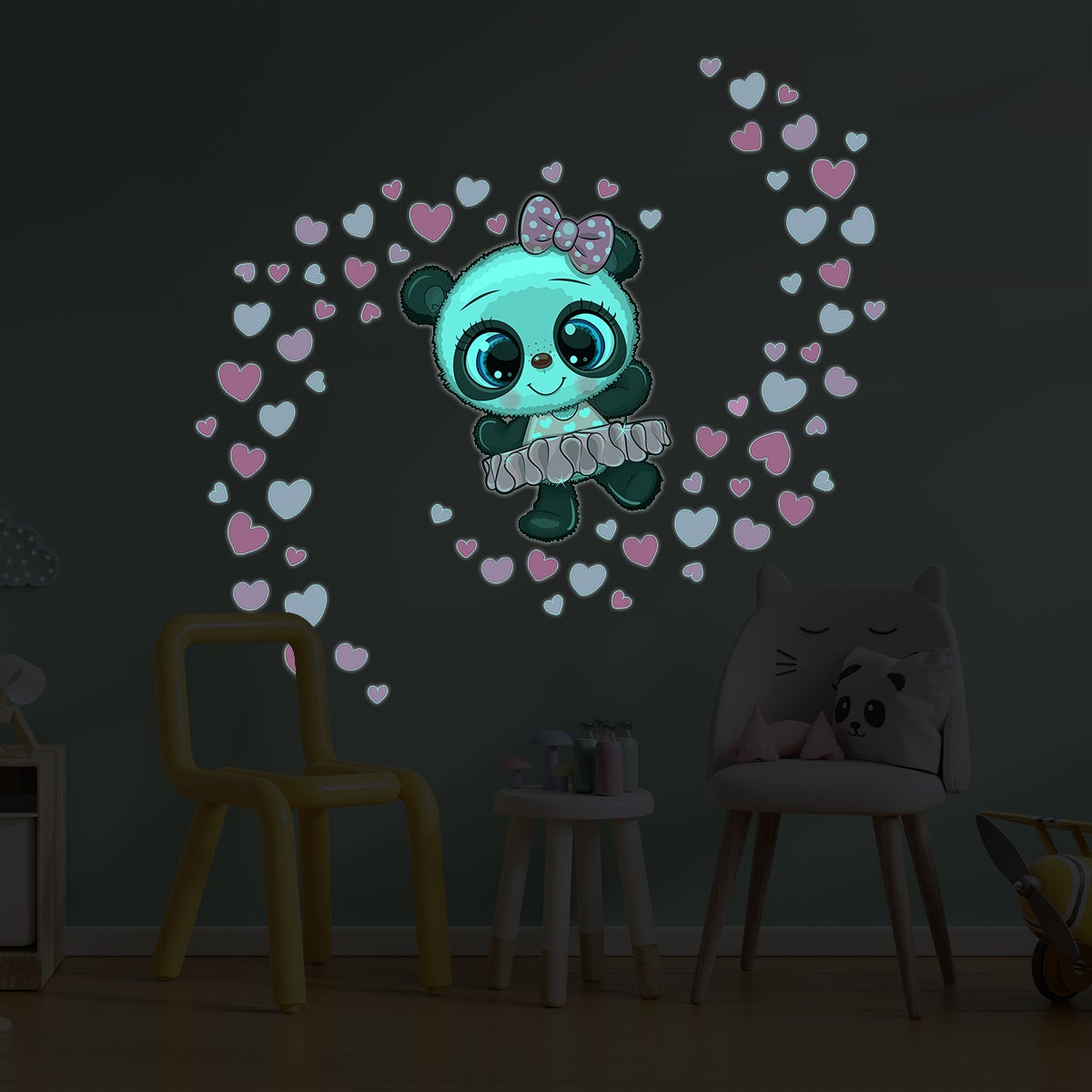 Vinilos fosforescente bailarina panda y 70 corazones - adhesivo de pared - revestimiento sticker mural decorativo - 50x50cm