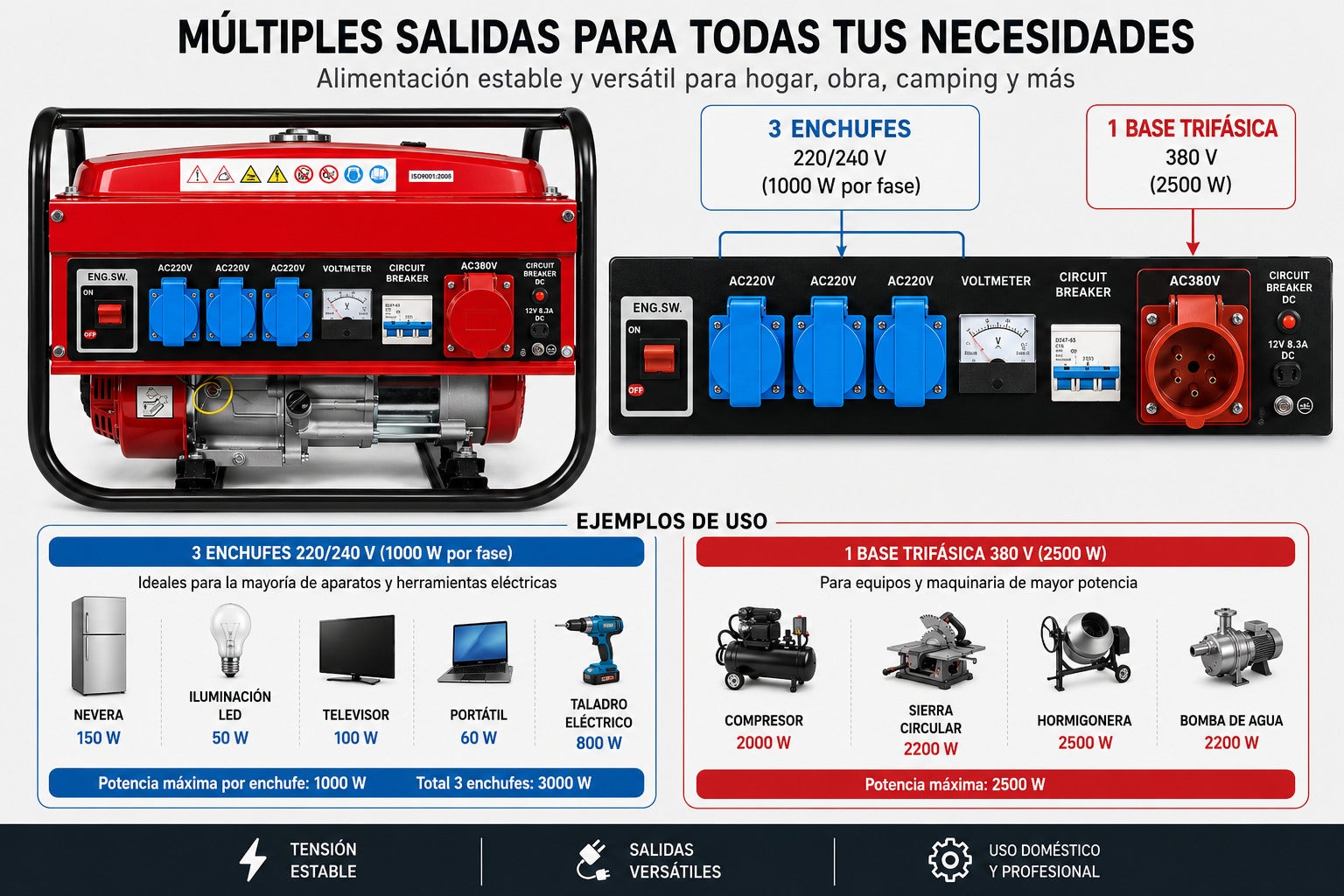 Gerador Elétrico a Gasolina SVE-W5500 4 Tempos 230/380V – 3000W Monofásico + 2500W Trifásico – Depósito 15L – 4 Tomadas - 4