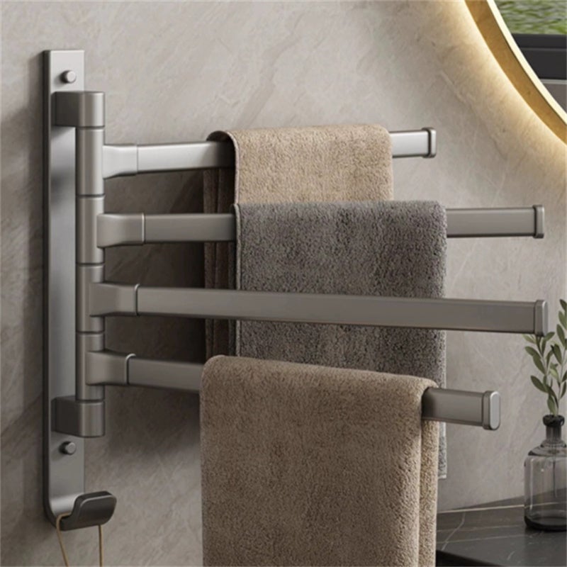 Porte-serviettes mural rotatif sans perçage en aluminium gris, 4 barres robustes 31,6×27,4 cm, design durable et pratique - 2