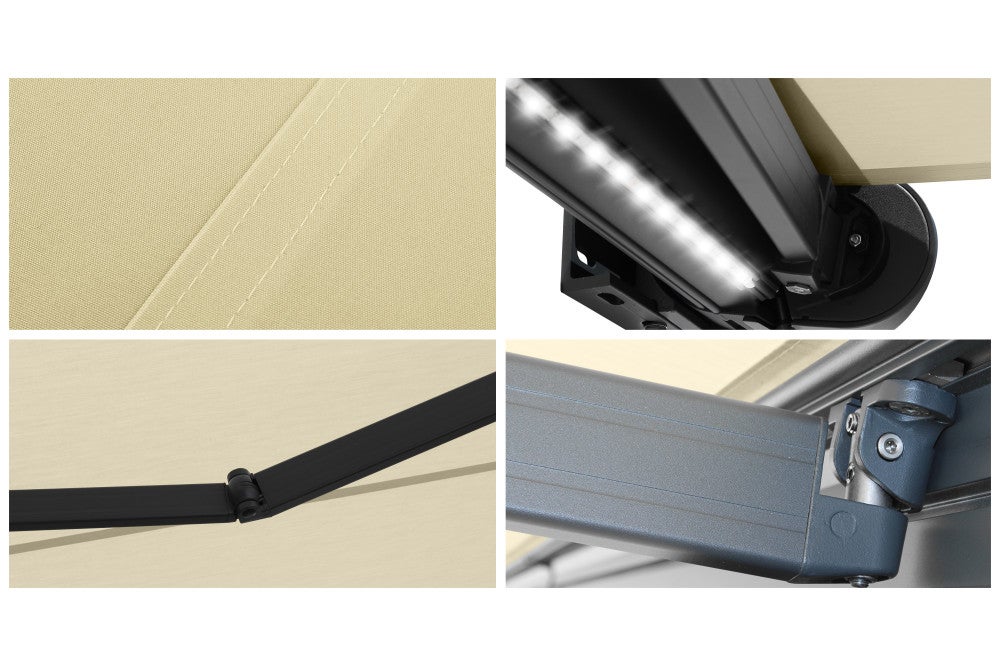 Store banne Coffre intégral PROTECT 2 LED Gris Anthracite 5x3,5m Motorisé à télécommande + Eclairage LED - Toile Écrue - 5