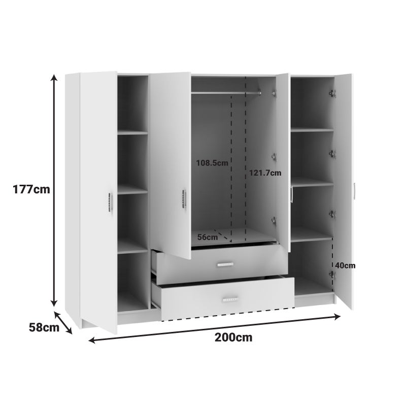 Roupeiro Sonoma 200 x 58 x 177 cm – 4 portas de abrir, varão metálico, prateleiras interiores e 2 gavetas, melamina resistente - 5