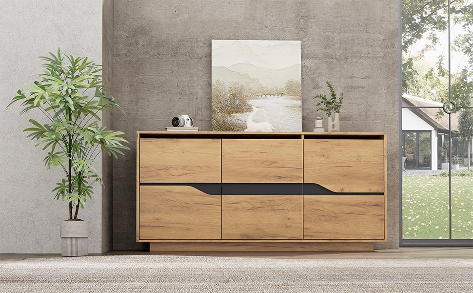 Buffet avec 3 portes, commode - 140 x 40 x 76 cm - Etagères réglables - Panneau de particules - Chêne - 5