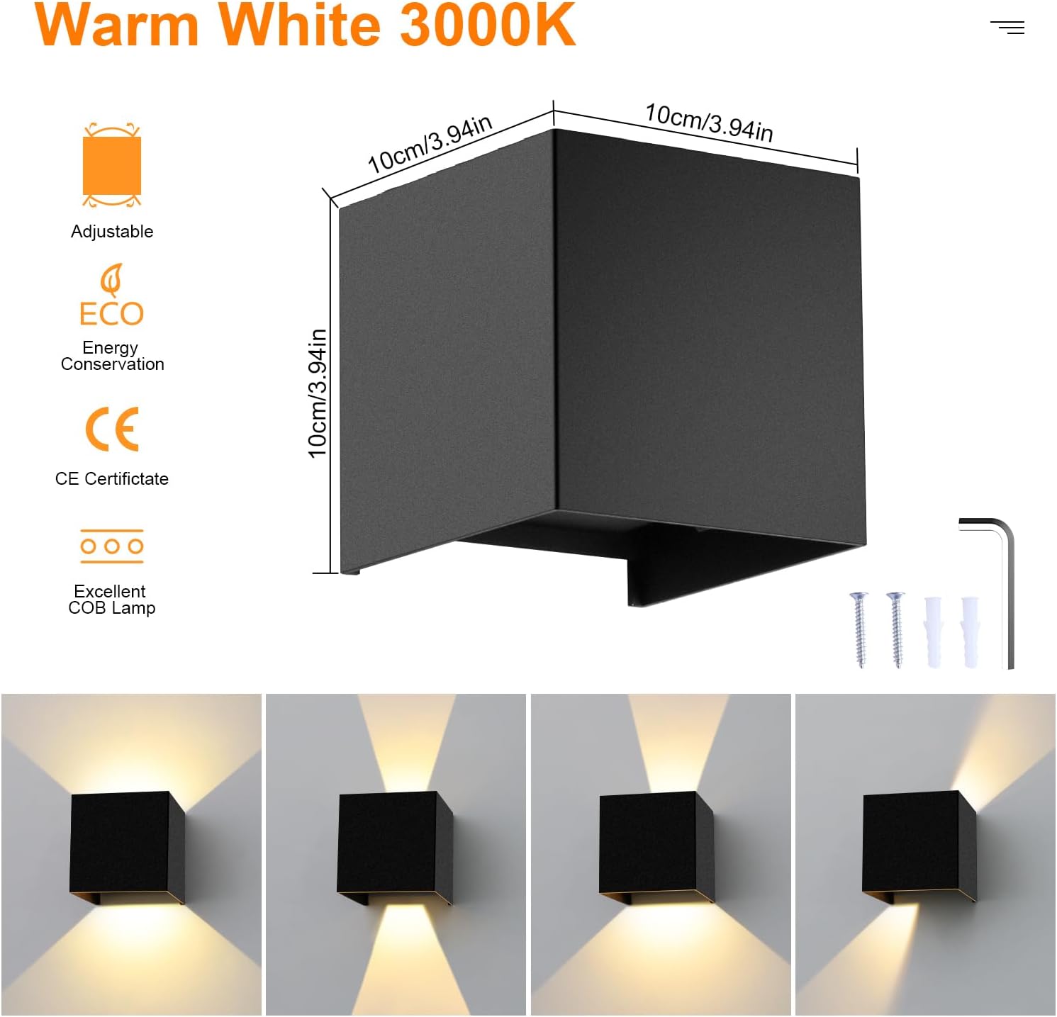 4 Pack Applique Murale Interieur/Exterieur 12W Avec Angle de Faisceau Réglable LED 3000K Blanc Chaud,Noir - 2