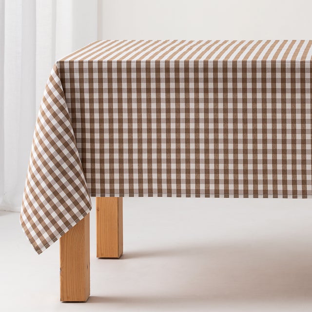 Mantel antimanchas rectangular cuadro vichy, algodón, tacto tela color Taupe 140x200 cm