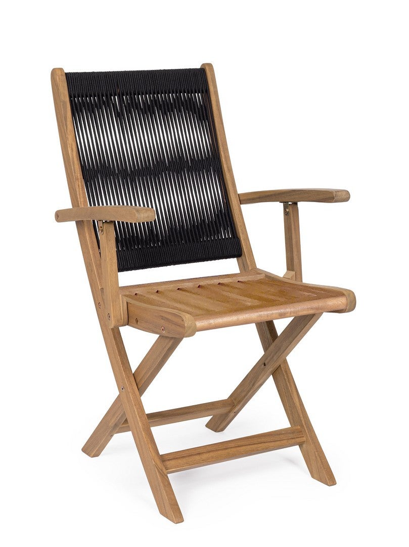 Zestaw 4 składanych krzeseł z podłokietnikami z drewna akacjowego i czarnej liny polipropylenowej