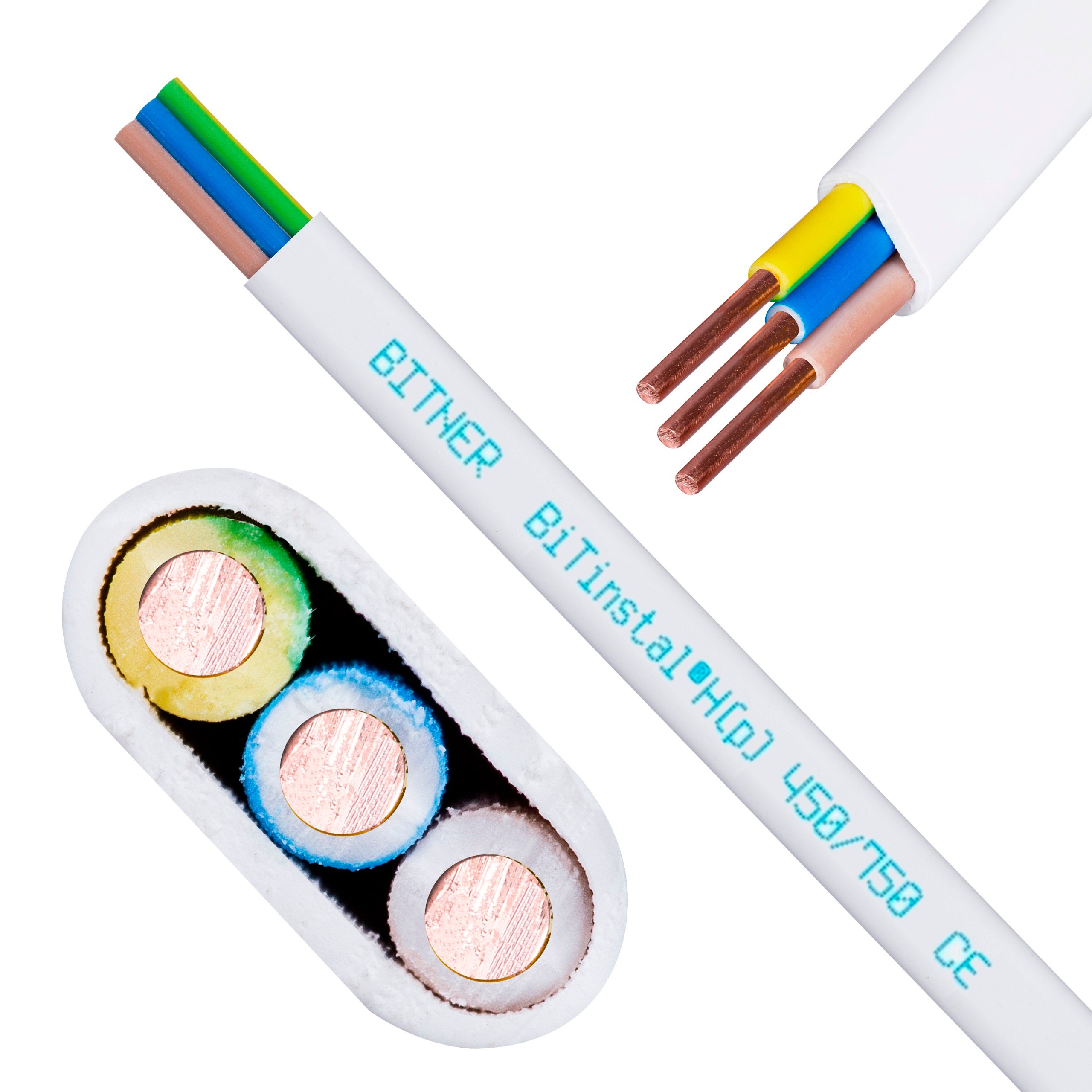 Kabel instalacyjny płaski BiTinstal H(p) HDHp 3x1,5mm2 biały 450/750V bezhalogenowy YDYp B2ca drut Bitner 100m