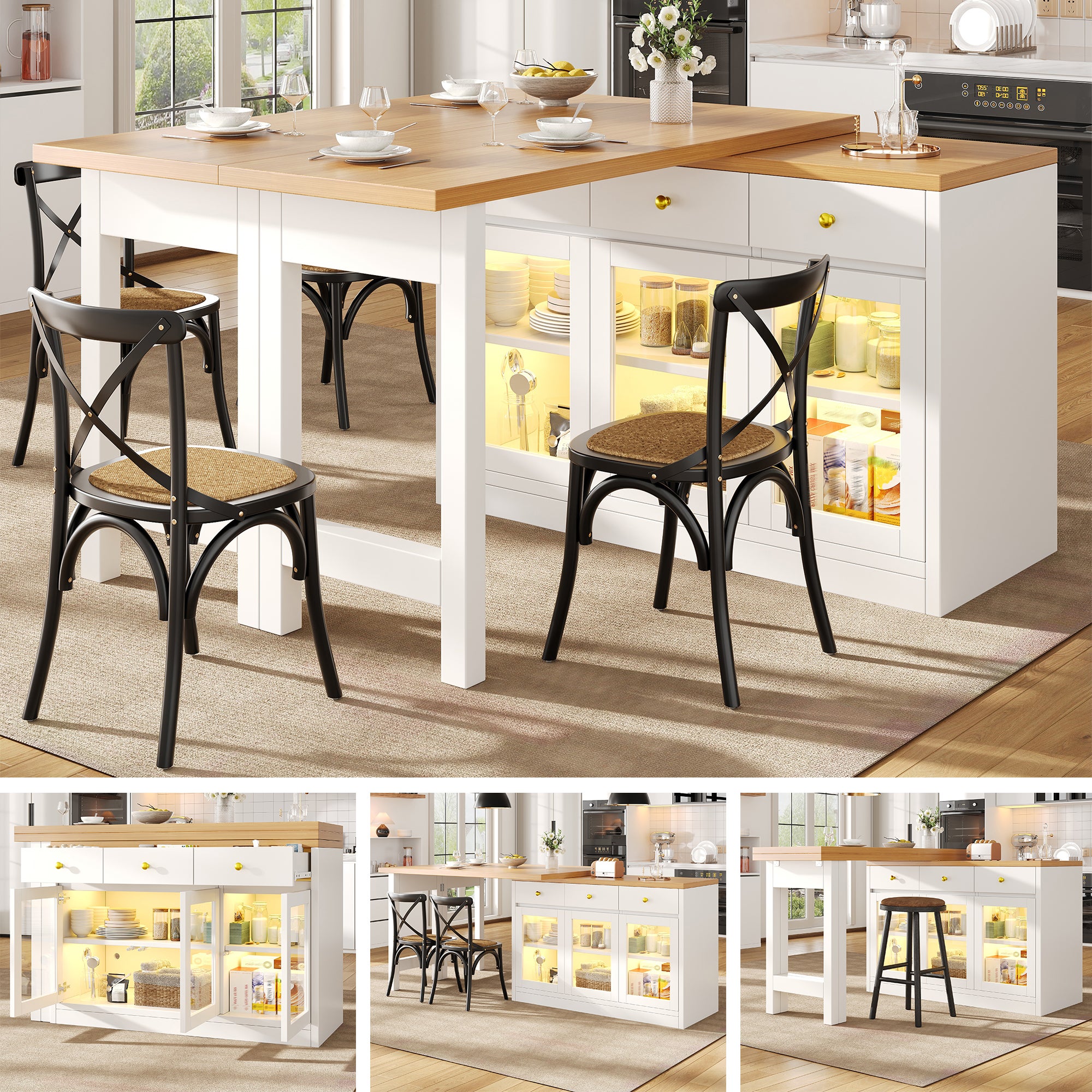 Isla de cocina extensible de 120-200 cm con iluminación led rgb (app), 3 cajones de cierre suave y puertas de cristal - blanco